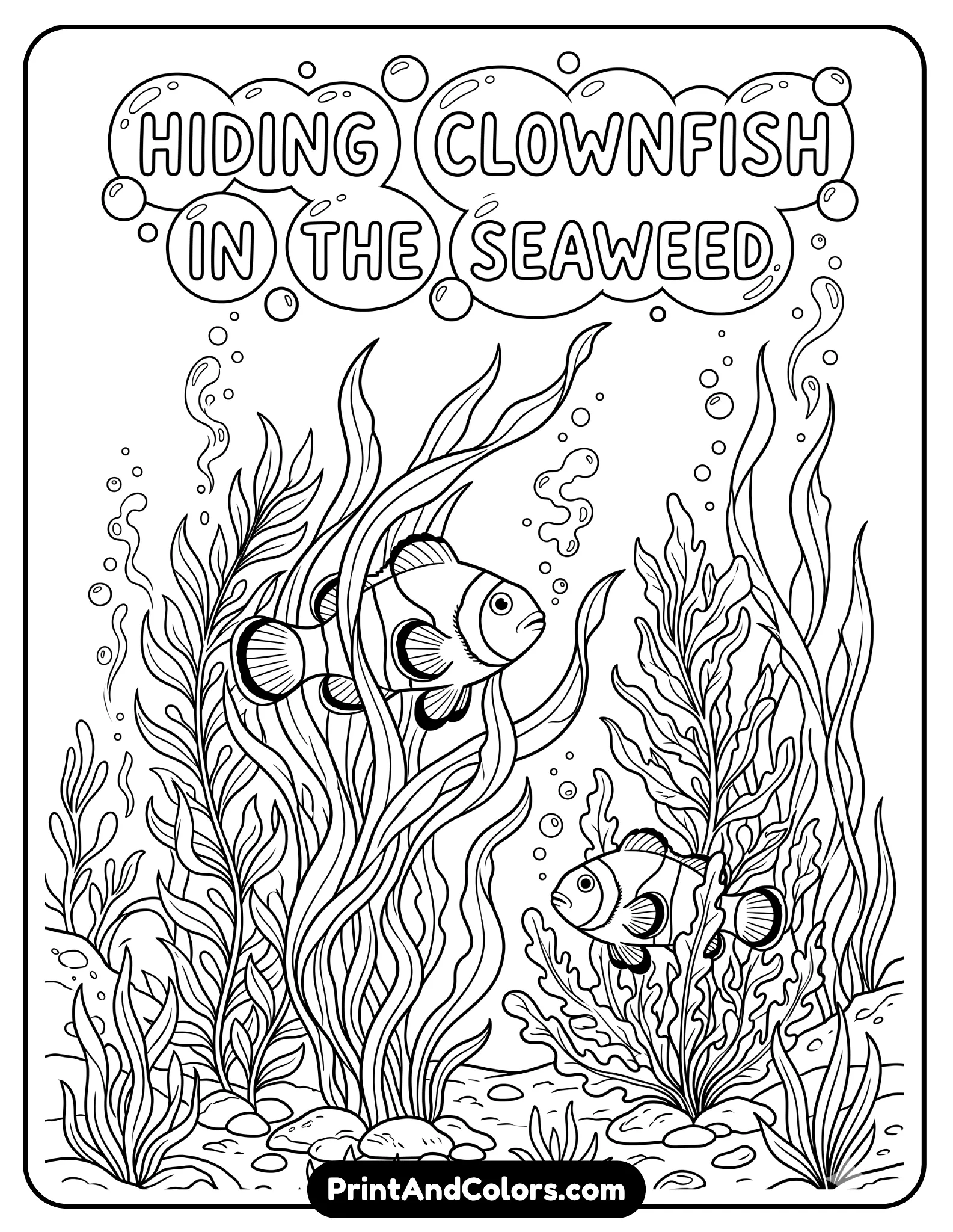 Black and white illustration of two clownfish hiding among tall algae or seaweed, with flowing plant shapes and bubbles. Clear outlines, moderate detail