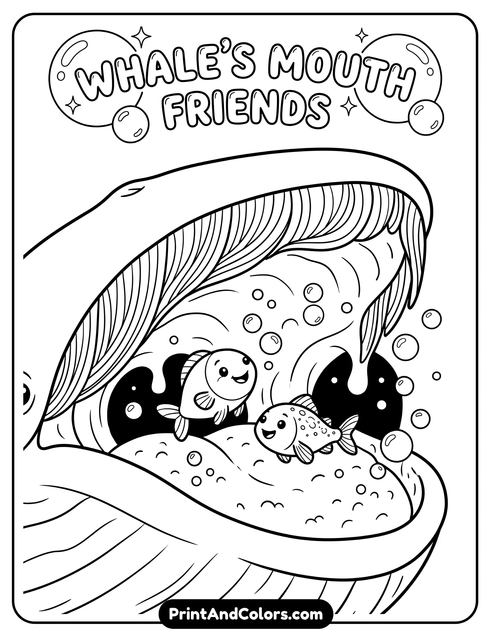 Black and white scene showing two small fish inside a large whale’s mouth with simple curved shapes representing the interior, bubbles floating around. Cartoon style, not scary