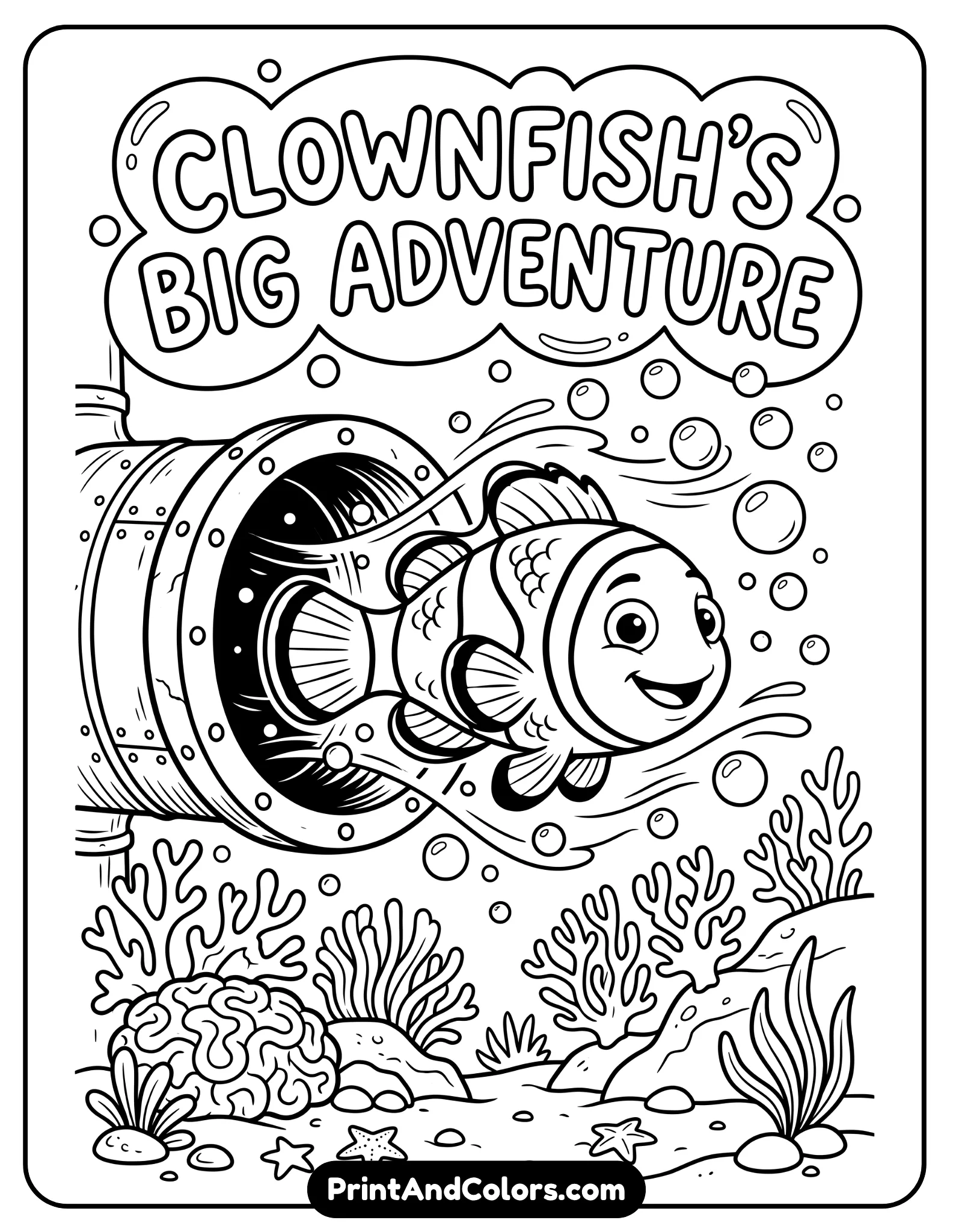 Black and white drawing of a clownfish swimming out of a circular pipe with bubbles and simple background details. Clean lines, playful composition
