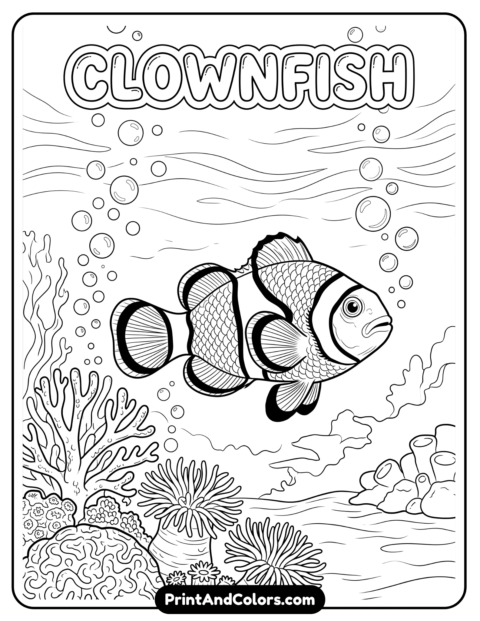 Black and white illustration of a clownfish swimming in open water with a few coral elements and bubbles. Balanced layout, clean outlines