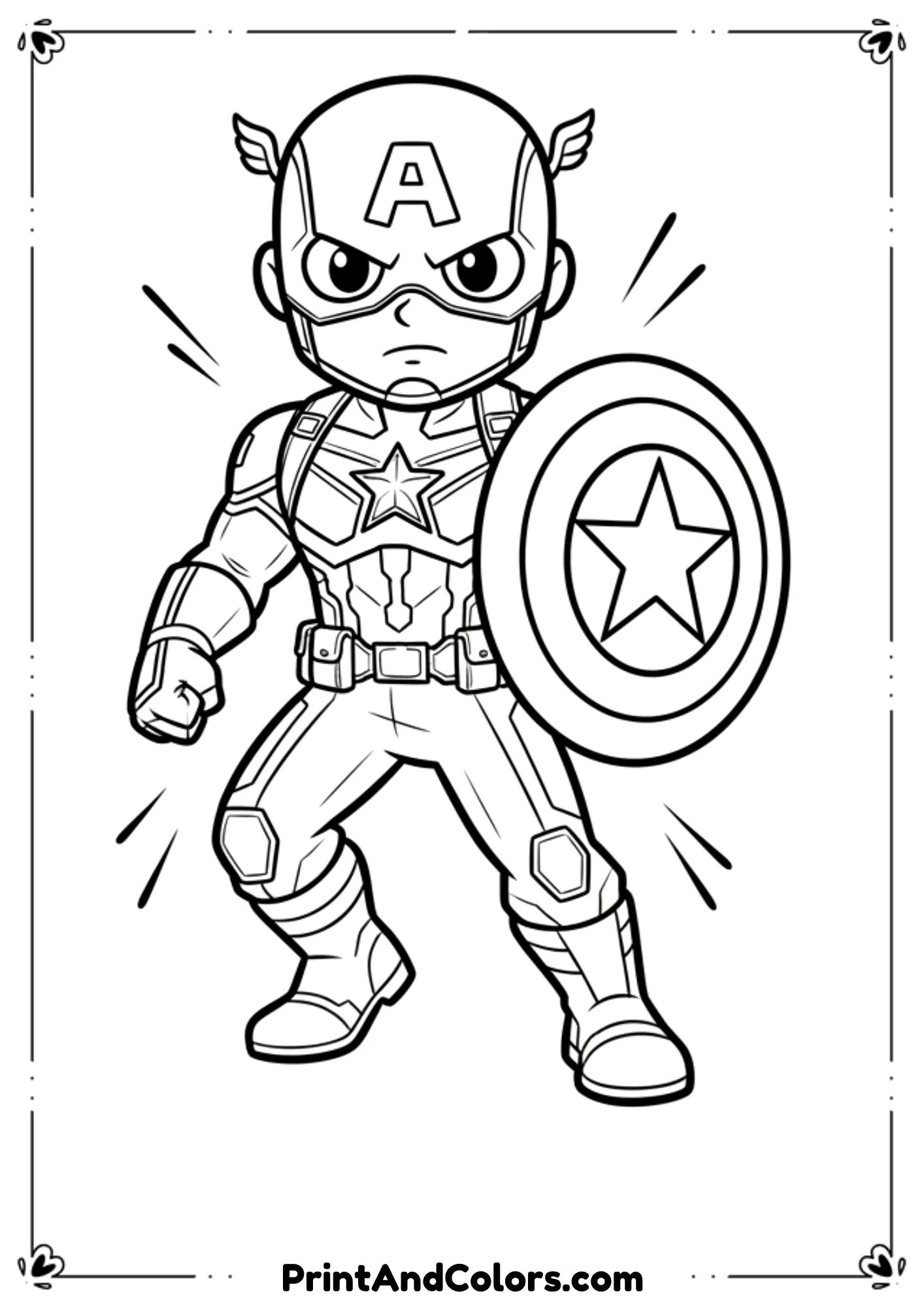 Line art of modern Captain America design with updated suit, shield forward, fresh outlines.
