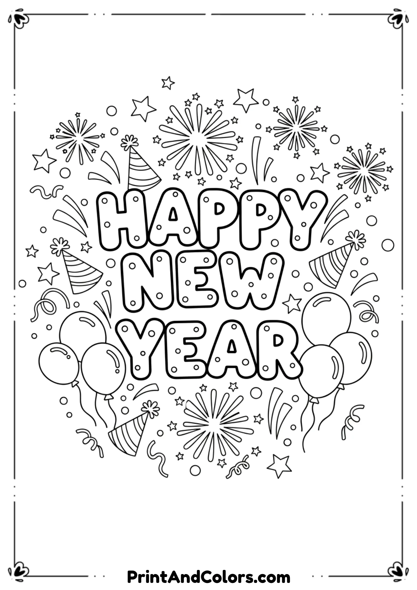  Create a black and white line art coloring page featuring a joyful New Year theme with large “Happy New Year” text in the center, surrounded by fireworks, confetti, stars, balloons, party hats, streamers, and simple decorative elements. The illustration should have clean, bold outlines, no shading, no gray tones, and a white background, designed for kids and adults to color easily.
