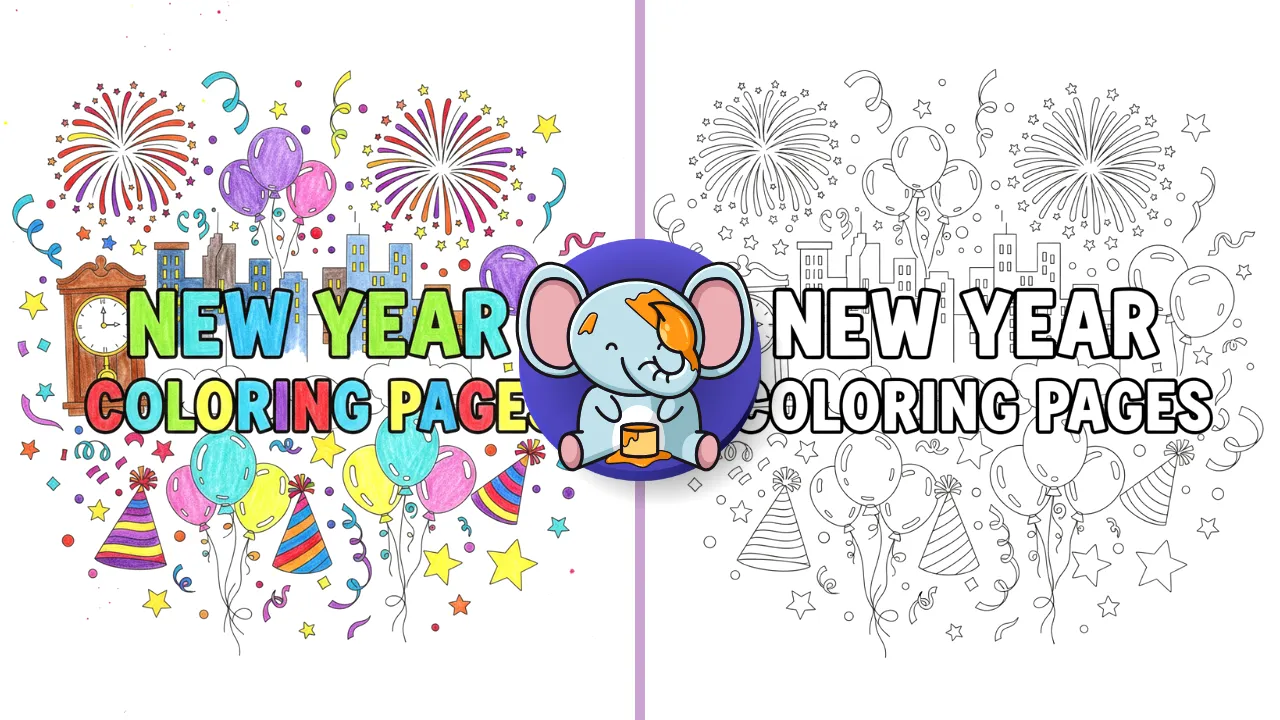 New Year coloring pages featured image with fireworks, balloons, party hats, midnight clock, and festive decorations in black and white line art.
