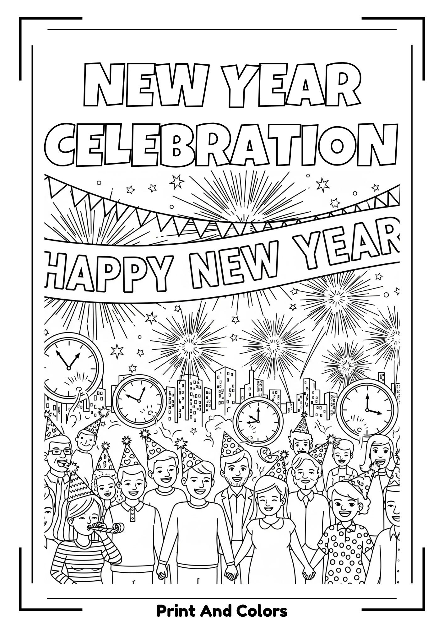 New Year coloring page with fireworks, countdown clock, and festive party scenes