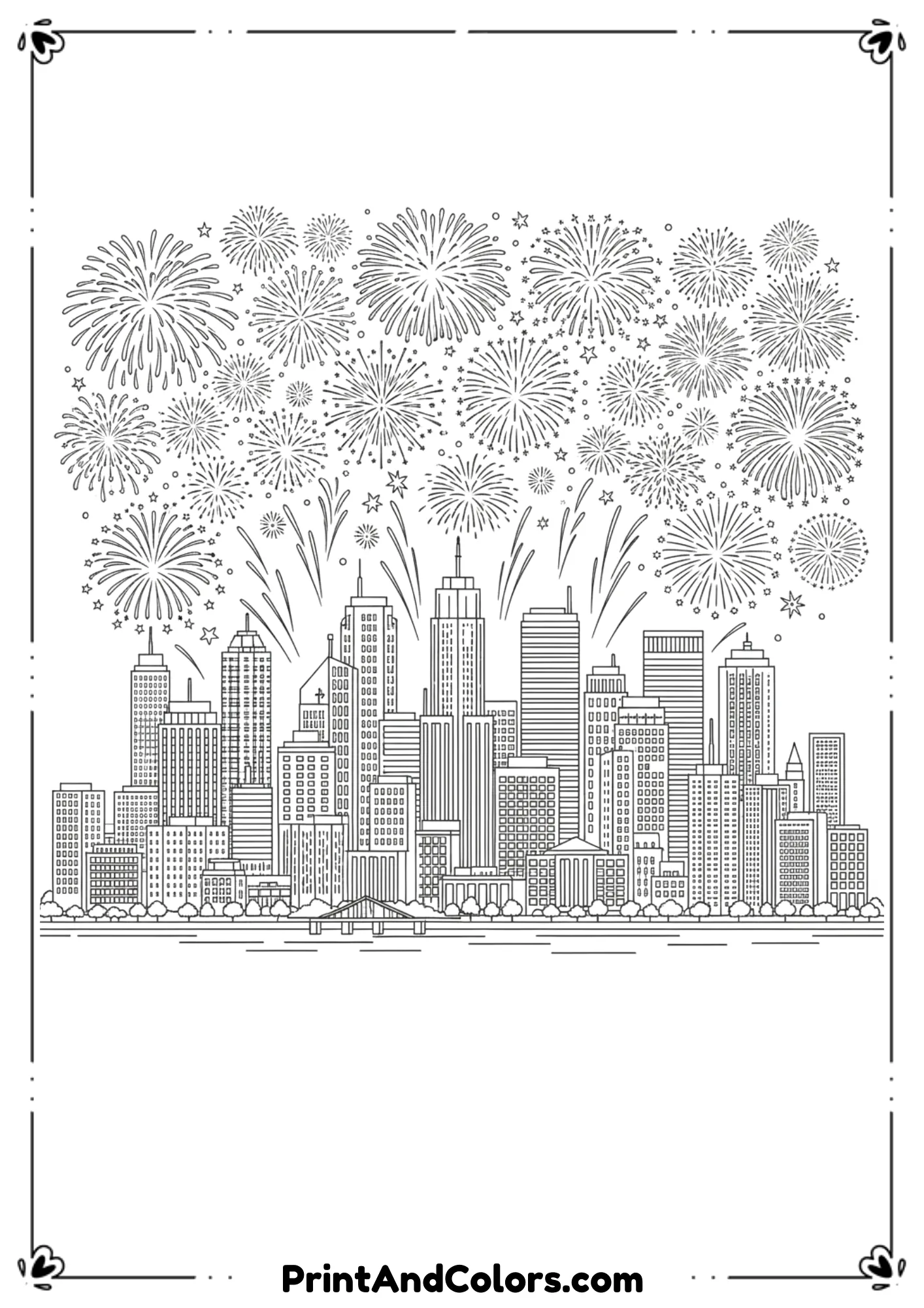  Black and white illustration of a city skyline at night with large fireworks filling the sky above the buildings. Minimal building detail, open sky areas, thick outlines, no shading, suitable for all ages.
