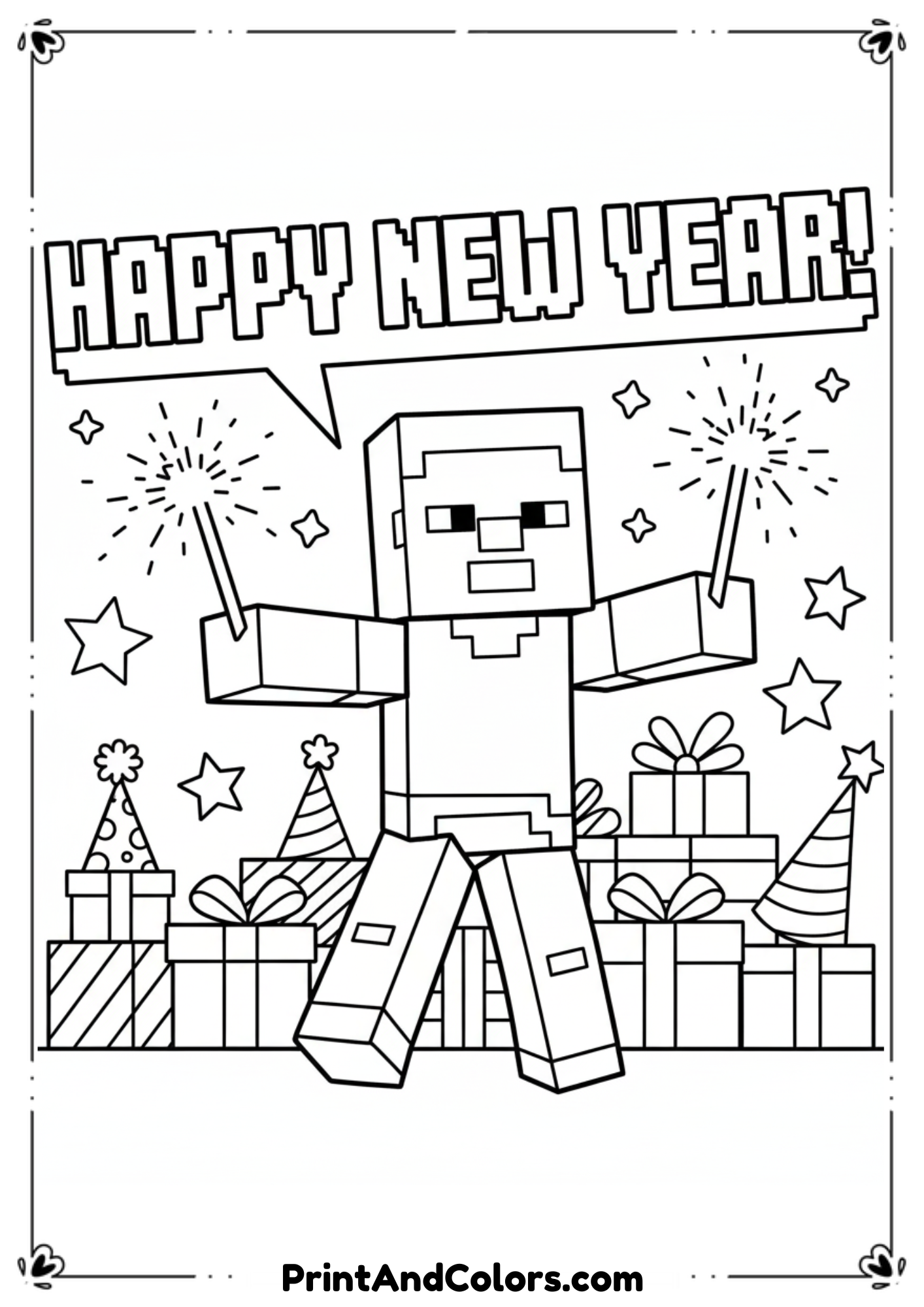  Pixel-style black and white line art of Minecraft Steve celebrating New Year, holding fireworks or sparklers, with blocky decorations and a simple background. Clear outlines, no shading, kid-friendly coloring page.
