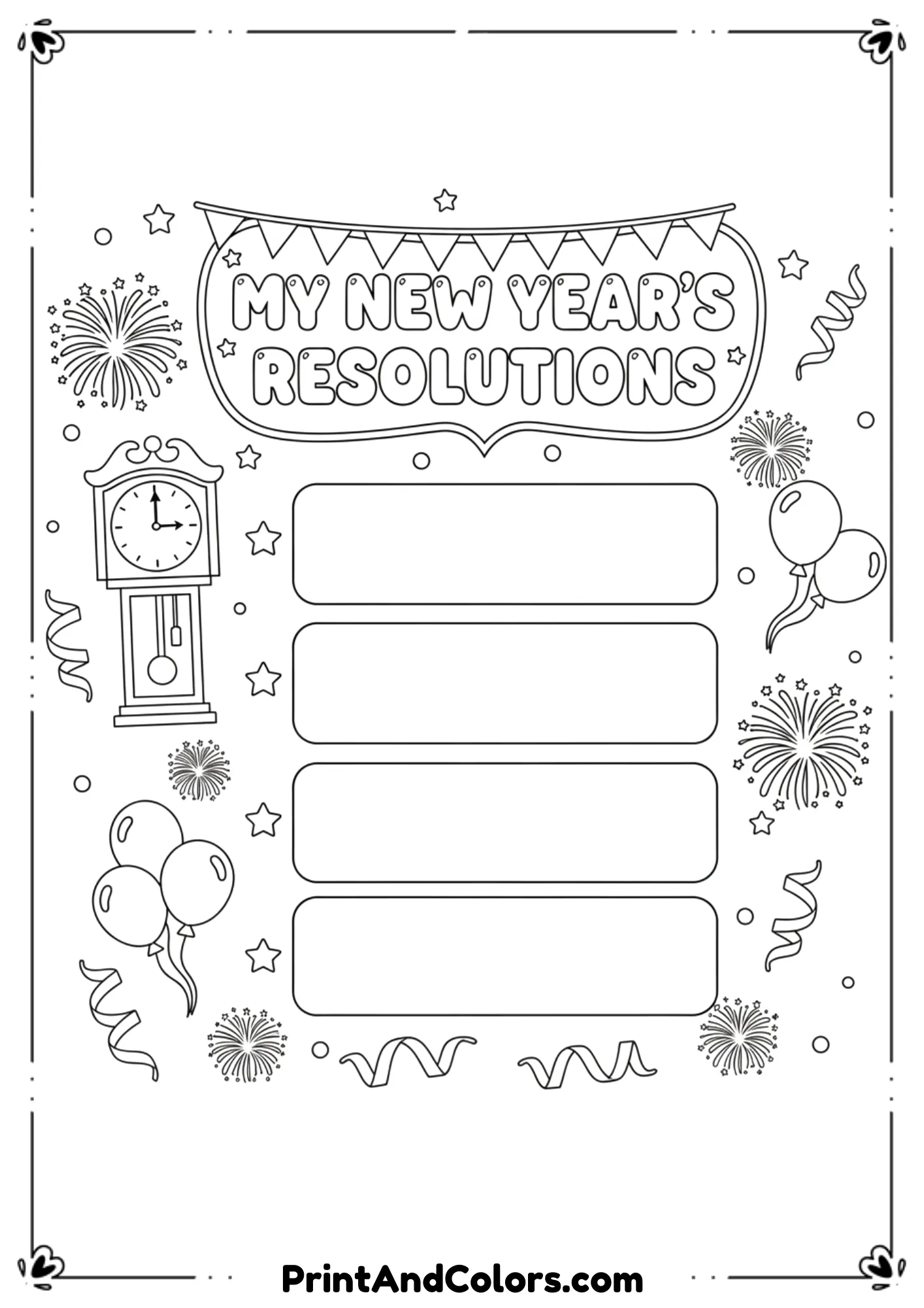  Black and white printable coloring page featuring a New Year resolution list with blank lines or boxes to write goals. Include decorative elements like stars, clocks, fireworks, and banners. Clean layout, bold outlines, no shading, kid-friendly and classroom-ready.
