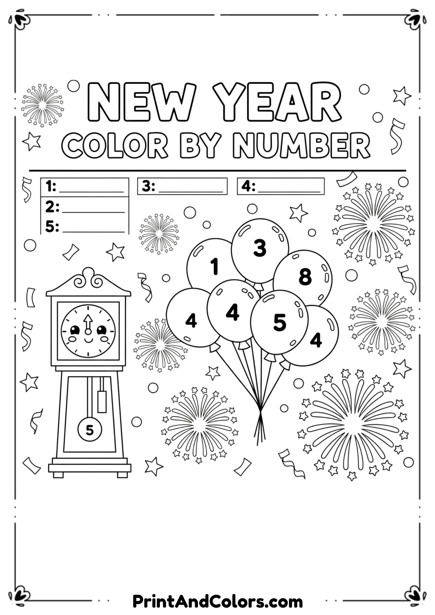  Black and white worksheet-style coloring page featuring New Year images divided into numbered sections for color-by-number activity. Simple fireworks, balloons, or clocks, clear numbers, bold outlines, educational layout.
