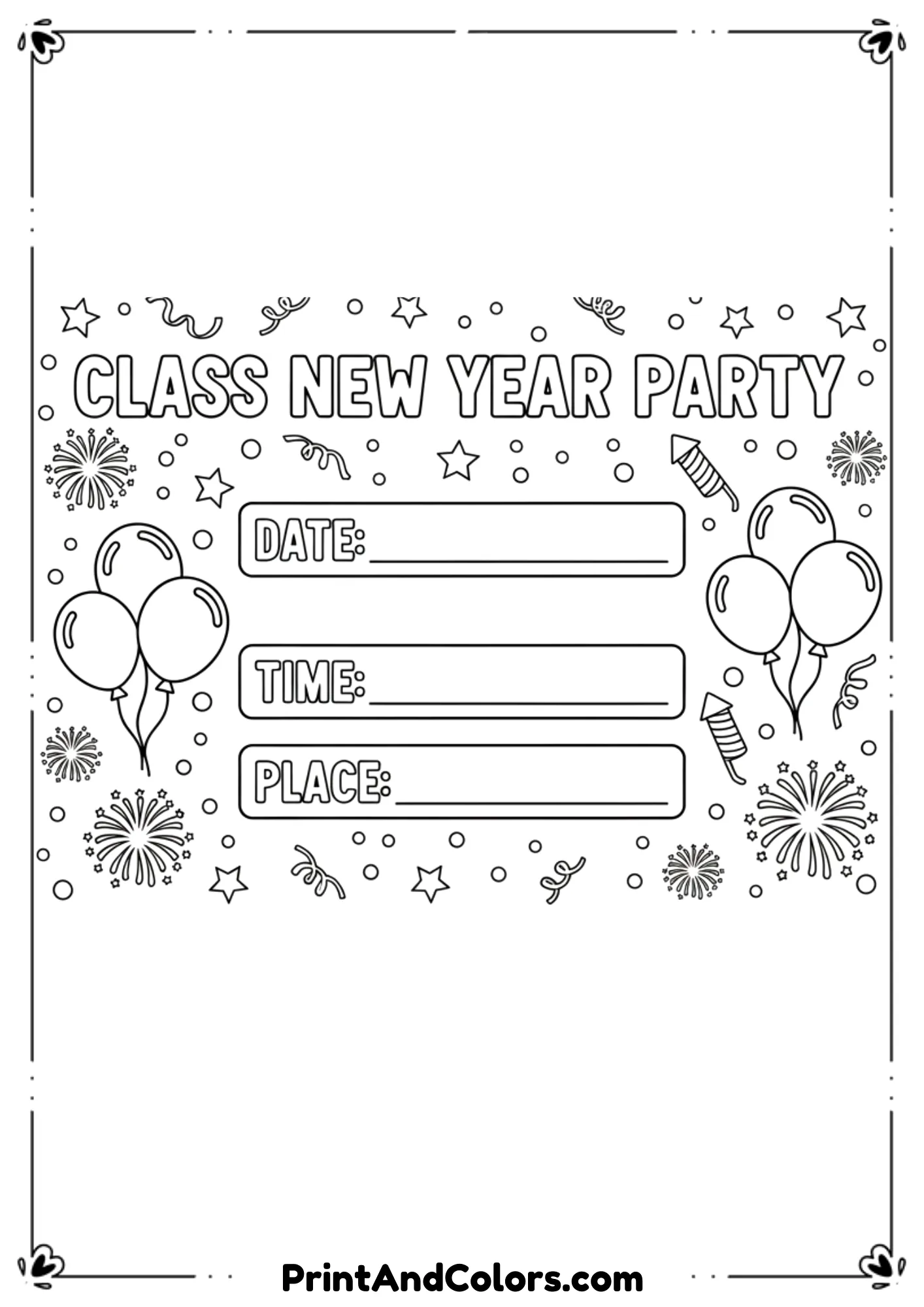 Black and white classroom-friendly invitation card coloring page with simple festive borders, fireworks, balloons, and space to write date, time, and place. Clean outlines, no shading, easy to print and color.
