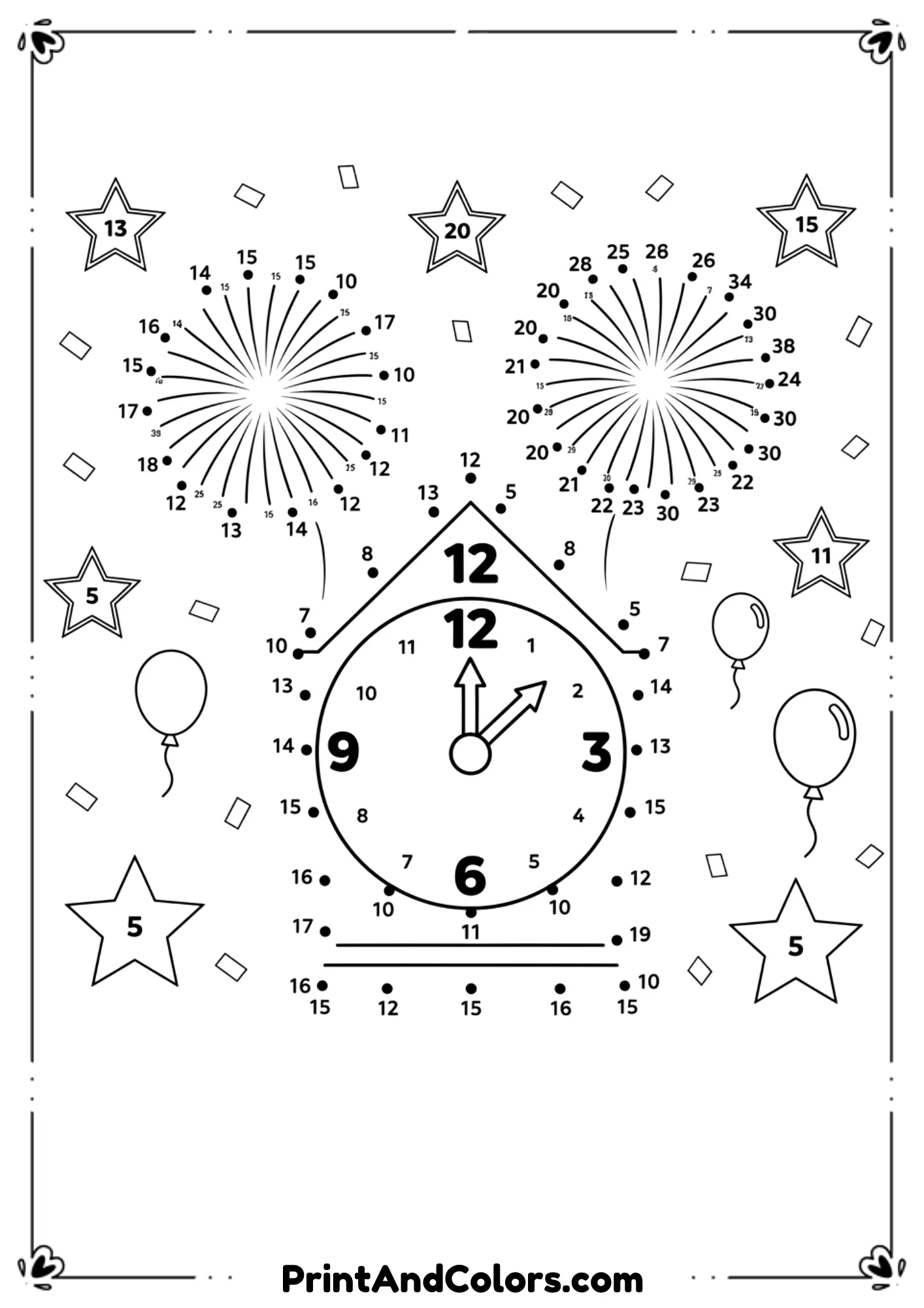  Black and white activity coloring page combining connect-the-dots numbers forming New Year shapes like fireworks, stars, or a clock, along with simple coloring areas. Clear numbered dots, bold outlines, no shading.
