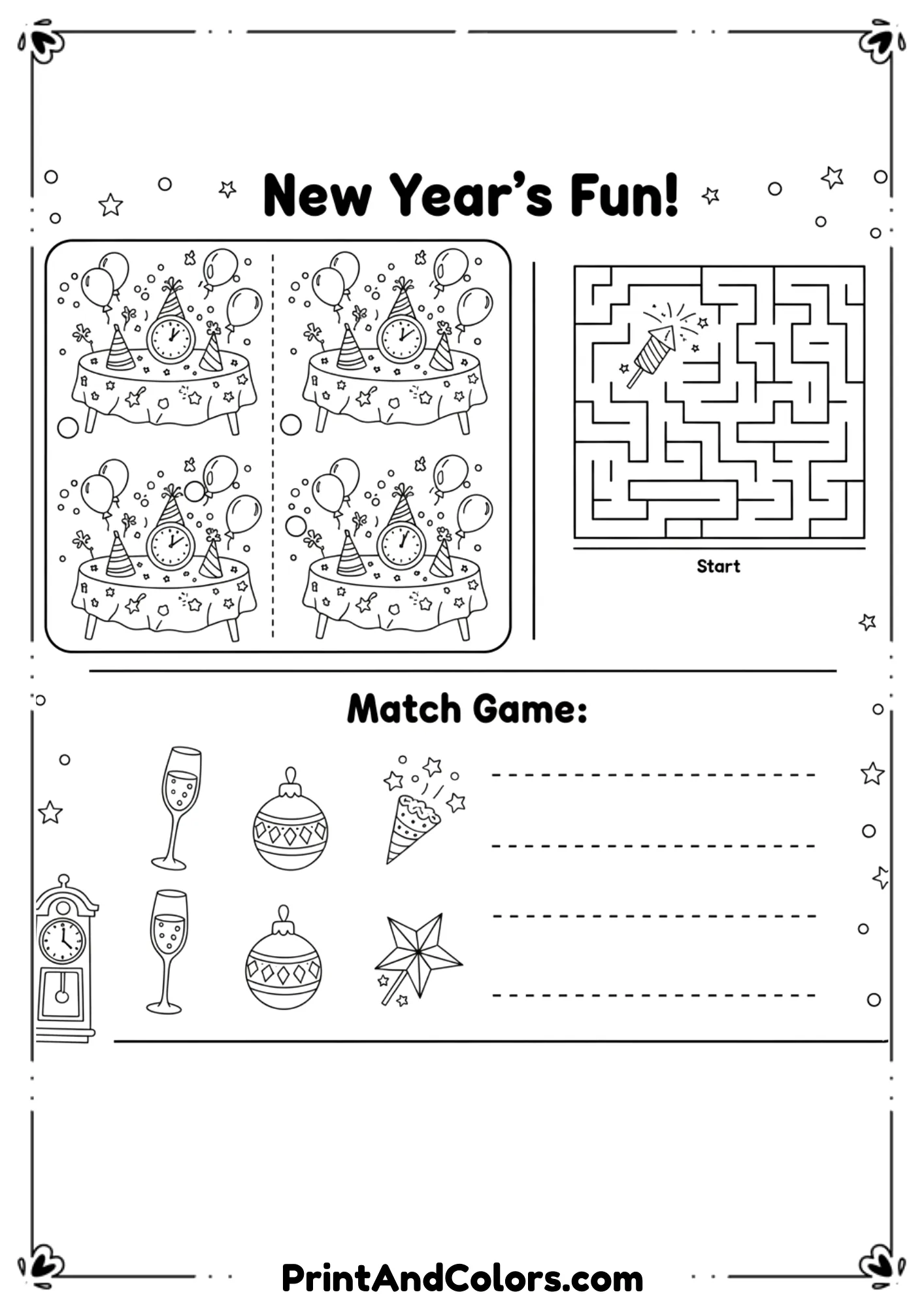  Black and white activity page combining coloring with simple puzzles such as matching, mazes, or spot-the-difference using New Year themes like fireworks and party items. Clean outlines, playful design, kid-friendly.
