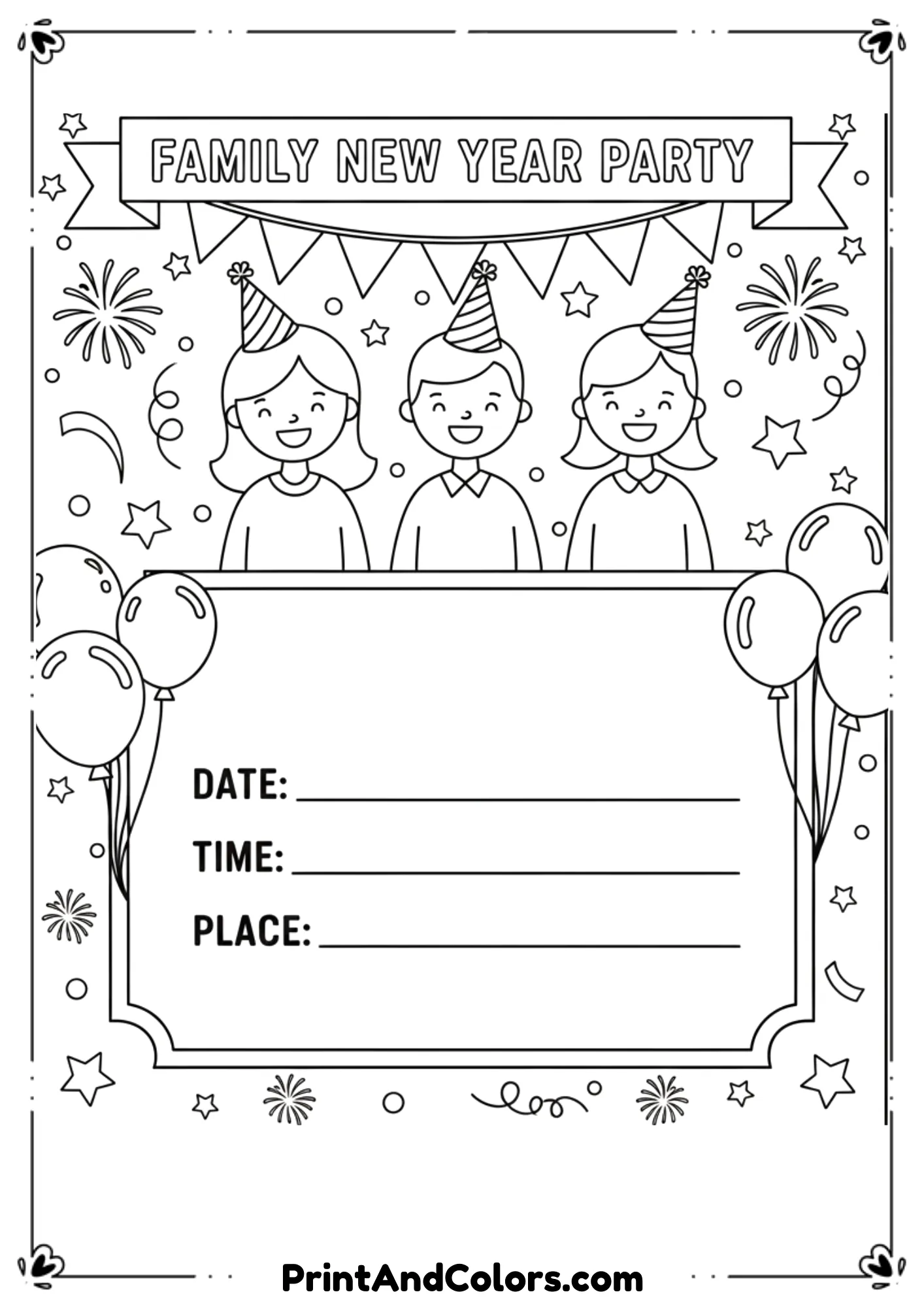  Black and white line art of a family-themed New Year party invitation with smiling family icons, balloons, banners, and blank writing space. Warm, friendly style, bold outlines, printable coloring page.
