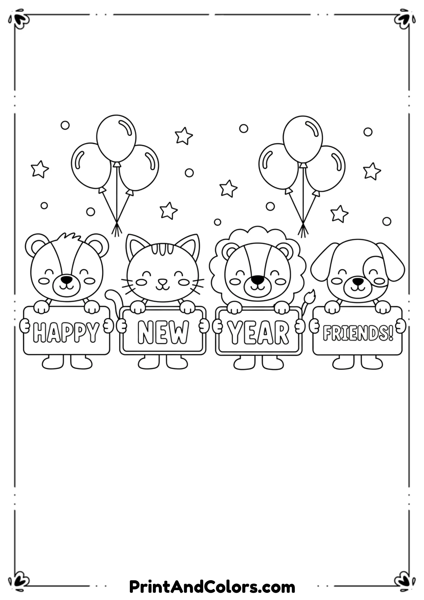  Black and white line art featuring friendly cartoon characters holding New Year greeting signs, balloons, and stars. Simple shapes, rounded designs, bold outlines, no shading, designed especially for young children.
