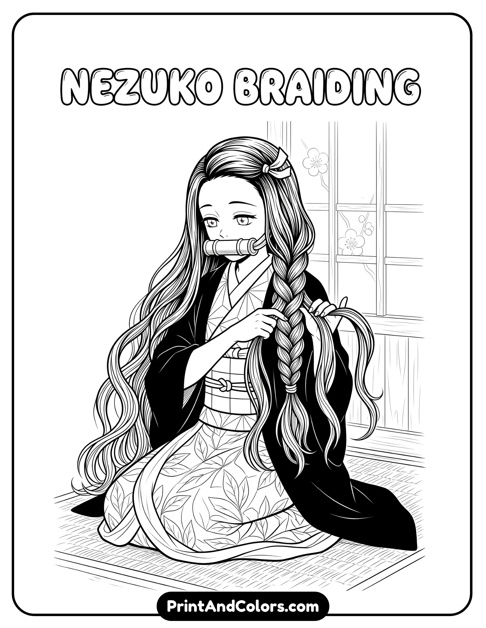 Nezuko sitting while braiding her long hair, calm expression, detailed hair strands, minimal background, elegant pose