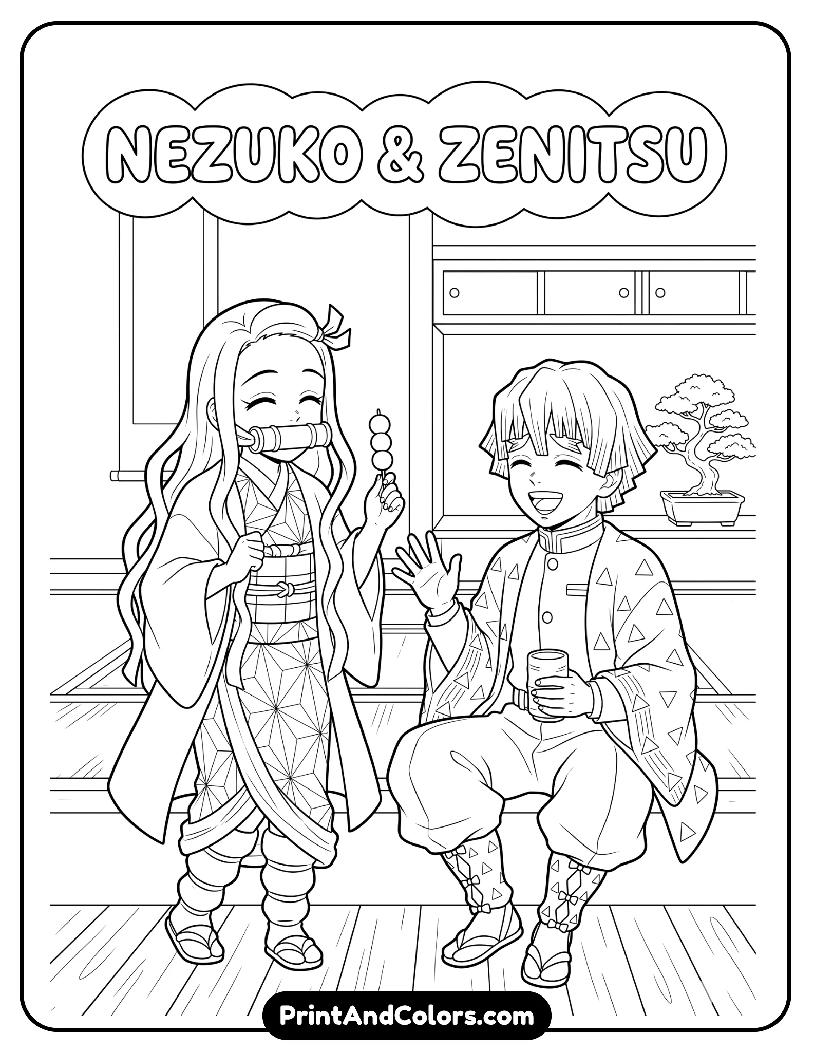 Nezuko and Zenitsu interacting casually, friendly expressions, simple background, light detail, clean outlines