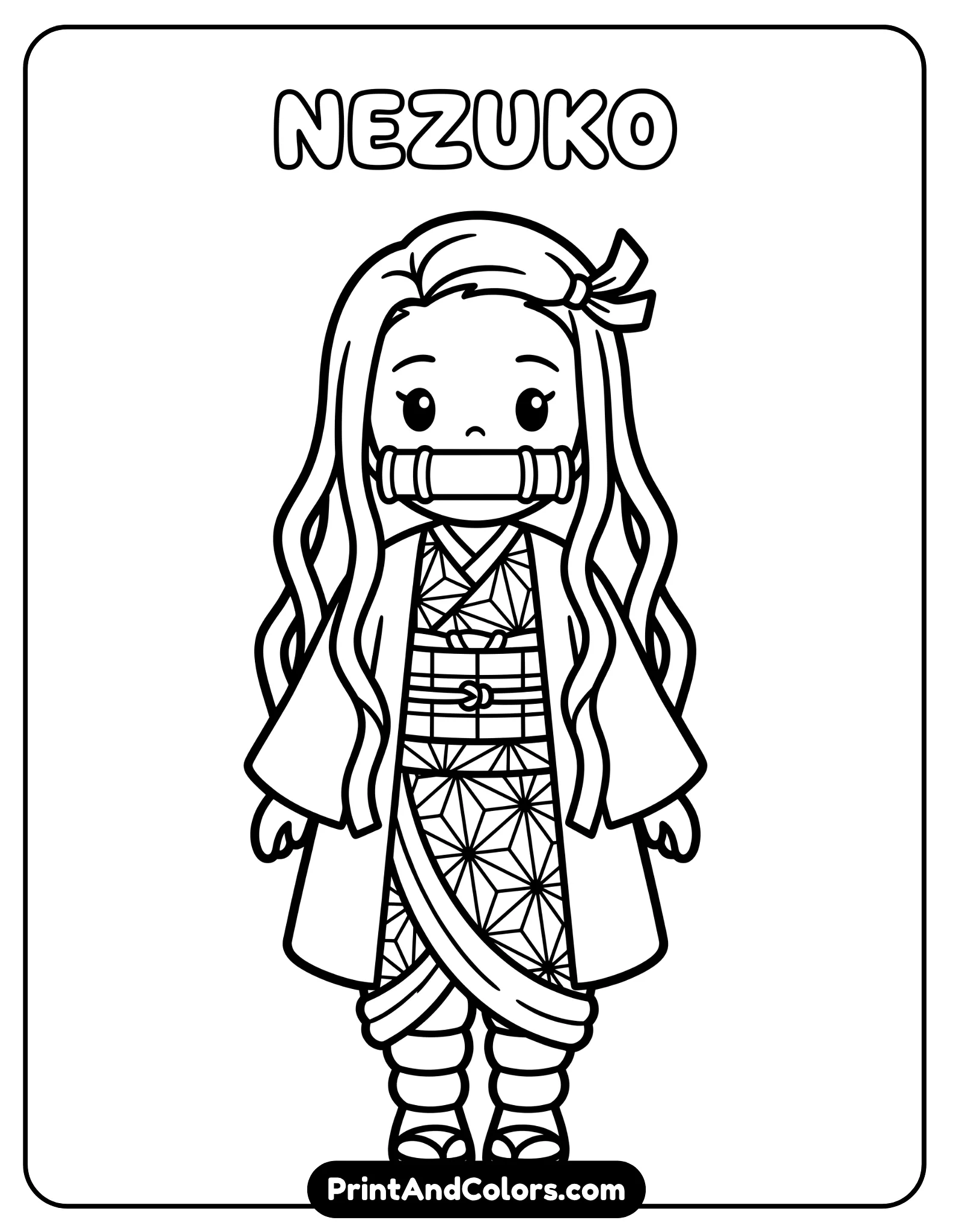 Simple line art of Nezuko with minimal details, large shapes, thick bold outlines, easy-to-color kimono and hair, no background clutter, child-friendly design