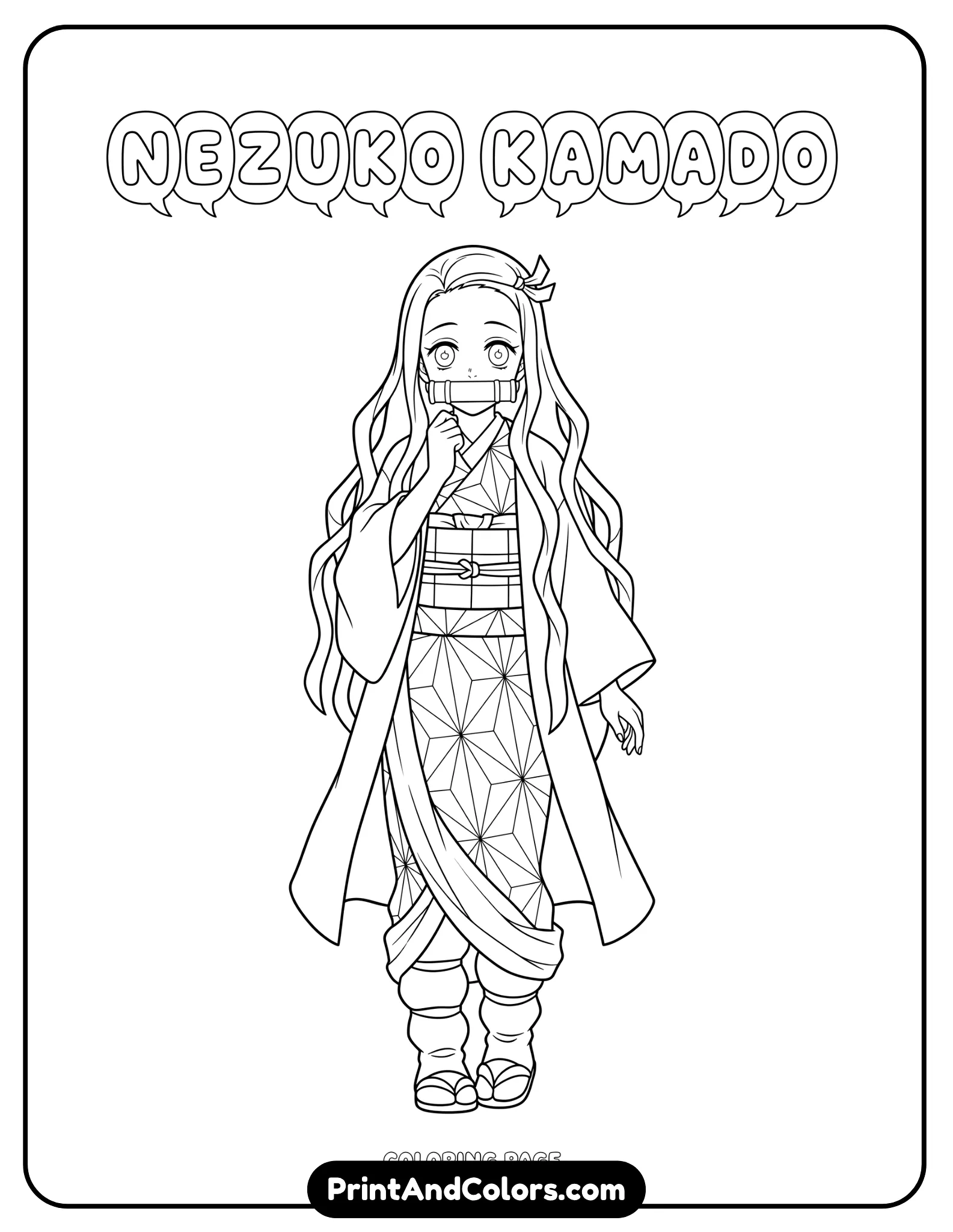 Printable-friendly Nezuko line art centered composition, balanced spacing, clean border frame, simple pose, optimized for coloring page layout