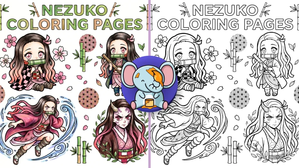 Nezuko coloring pages collage showing cute, chibi, and action poses in black and white line art for printable use