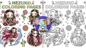 Nezuko coloring pages collage showing cute, chibi, and action poses in black and white line art for printable use