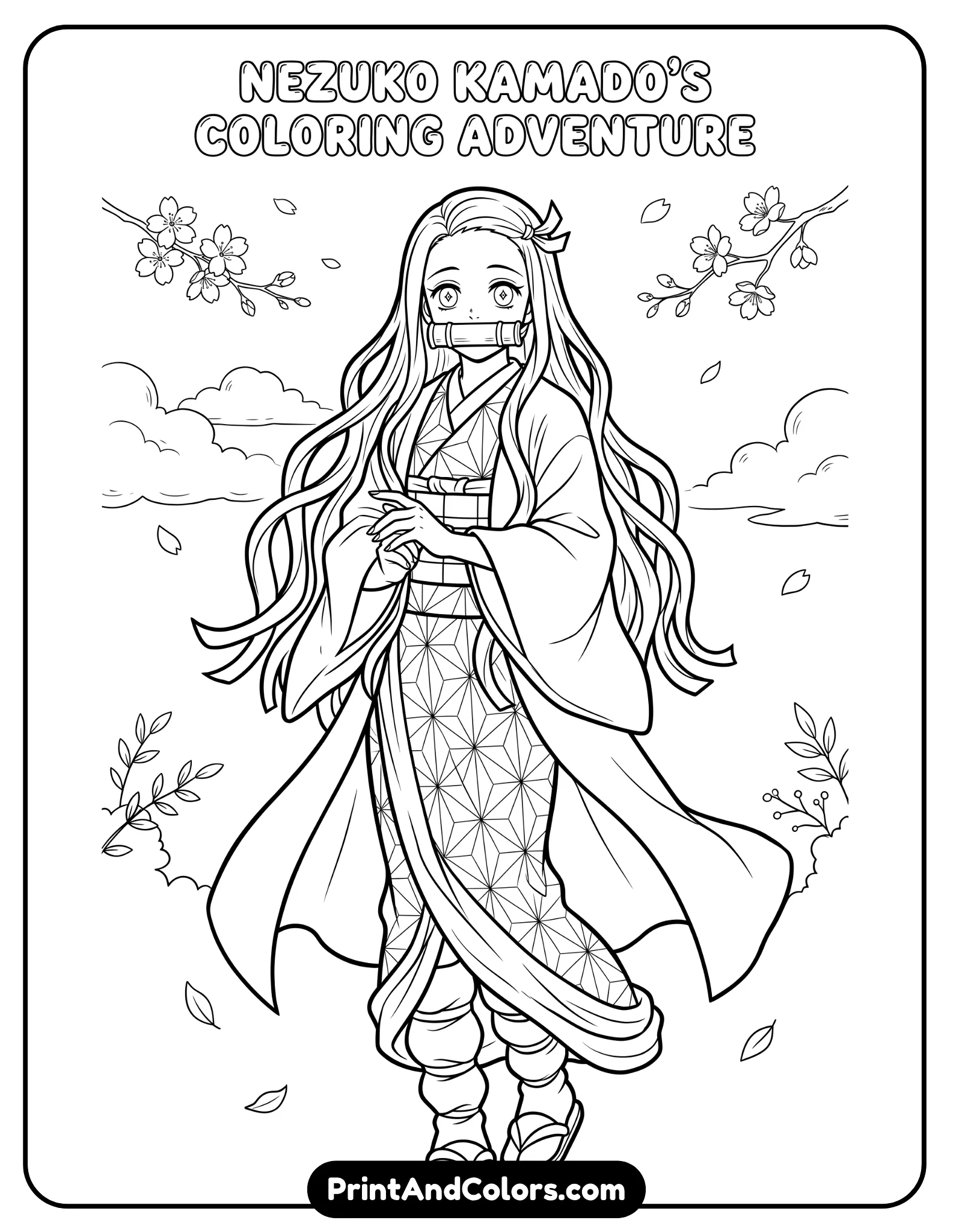 Black and white line art of Nezuko Kamado in a clean anime style, full body composition, standing gracefully with flowing kimono and long hair, simple background with soft clouds and minimal floral elements, bold outlines, no shading, designed for printable coloring pages, high contrast, white background