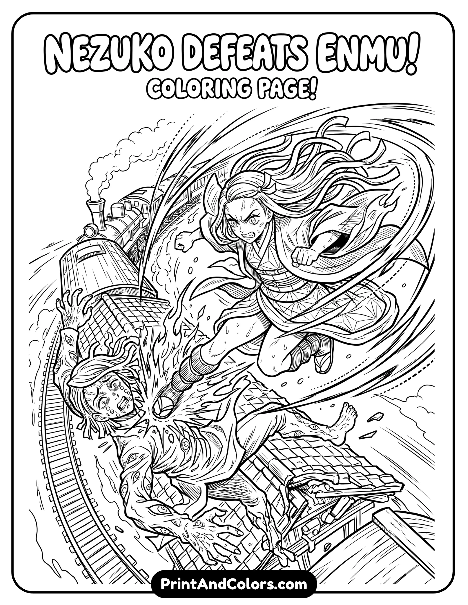 Dynamic scene of Nezuko defeating Enmu, action pose with strong movement lines, intense expression, flowing hair and clothing, anime battle composition, clean line art