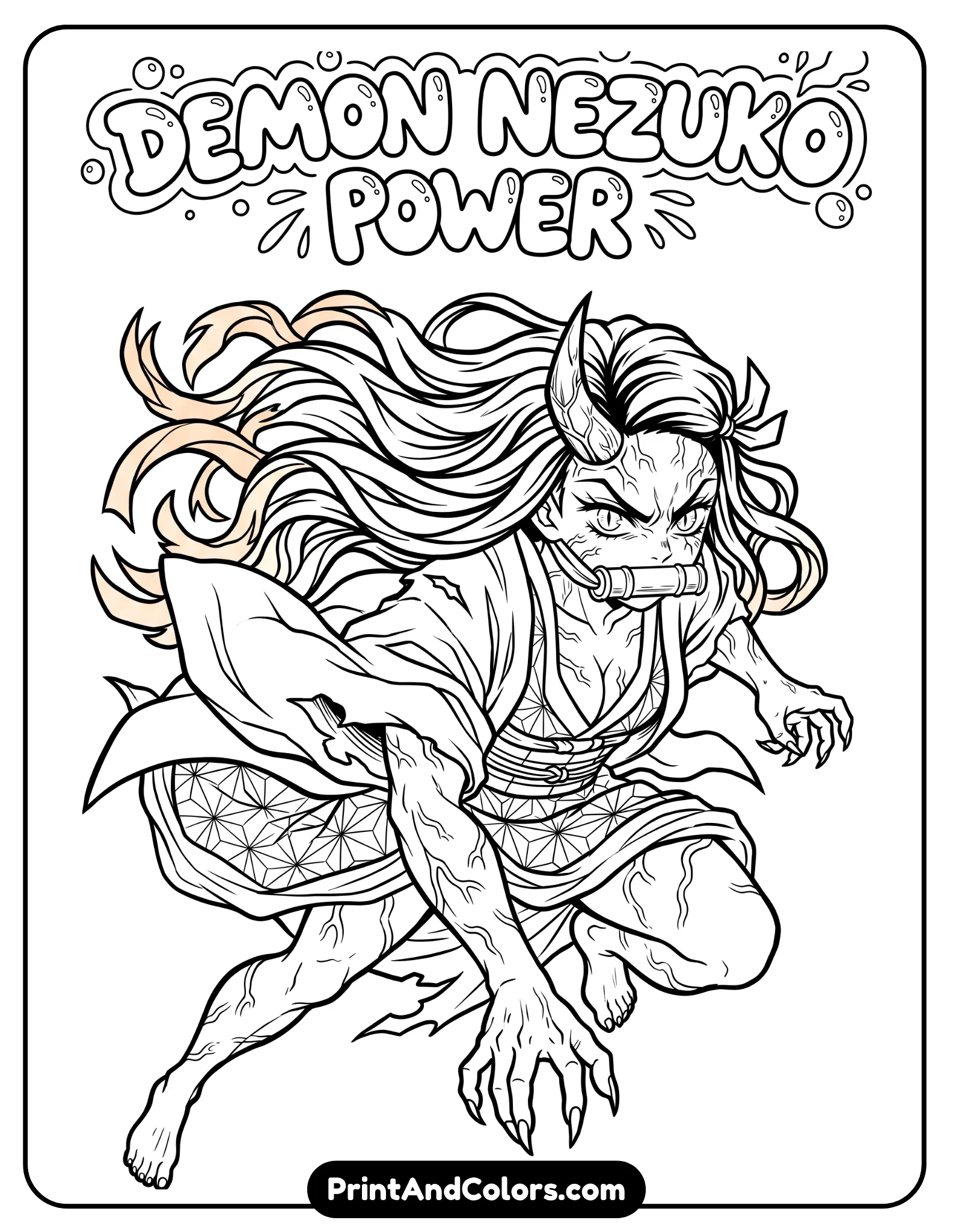 Nezuko in demon form with sharp eyes, visible veins, and horn detail, intense expression, flowing wild hair, dramatic pose, bold anime line art, no shading