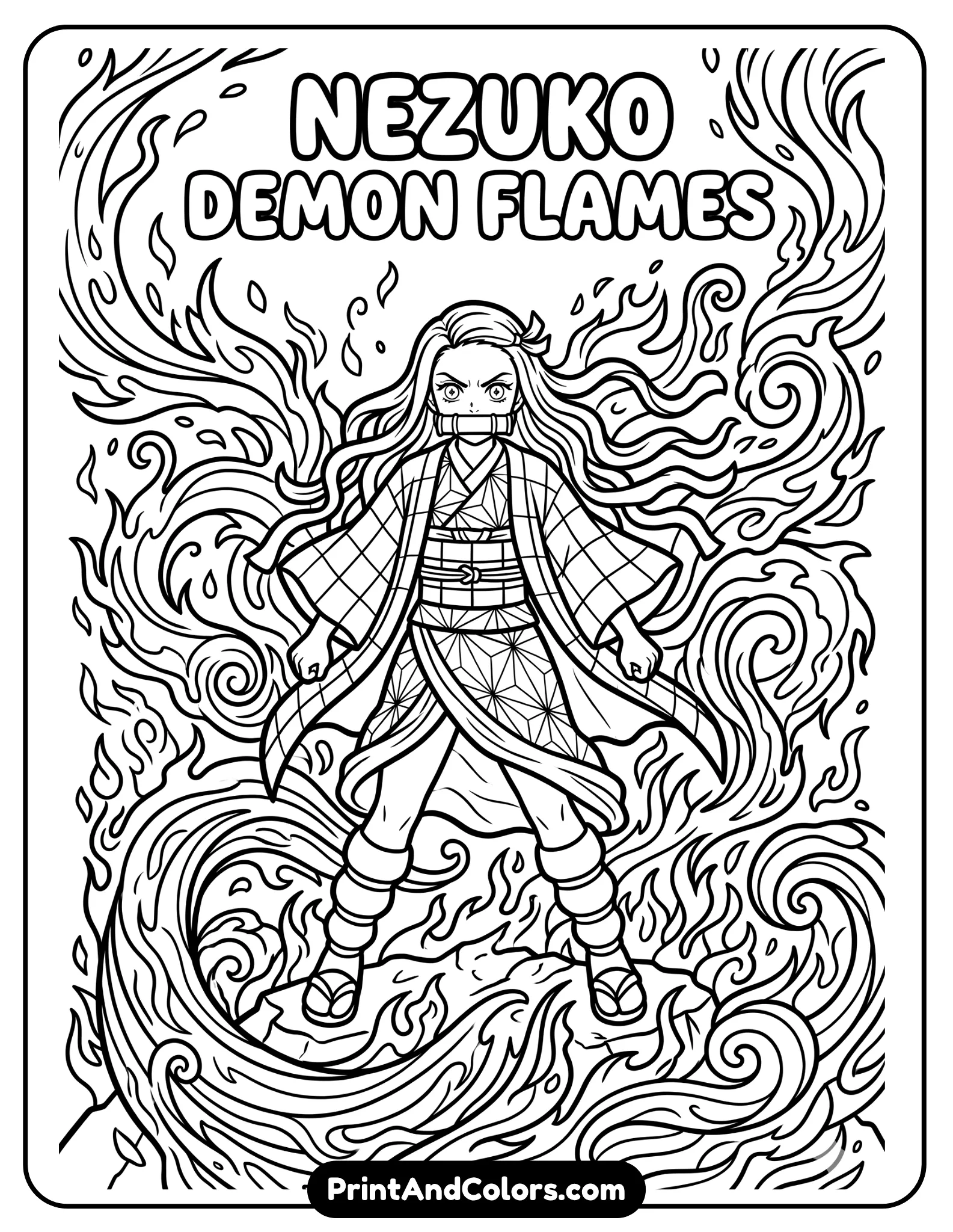 Nezuko surrounded by stylized demon flames, strong pose, swirling flame shapes, bold outlines, high contrast, no shading