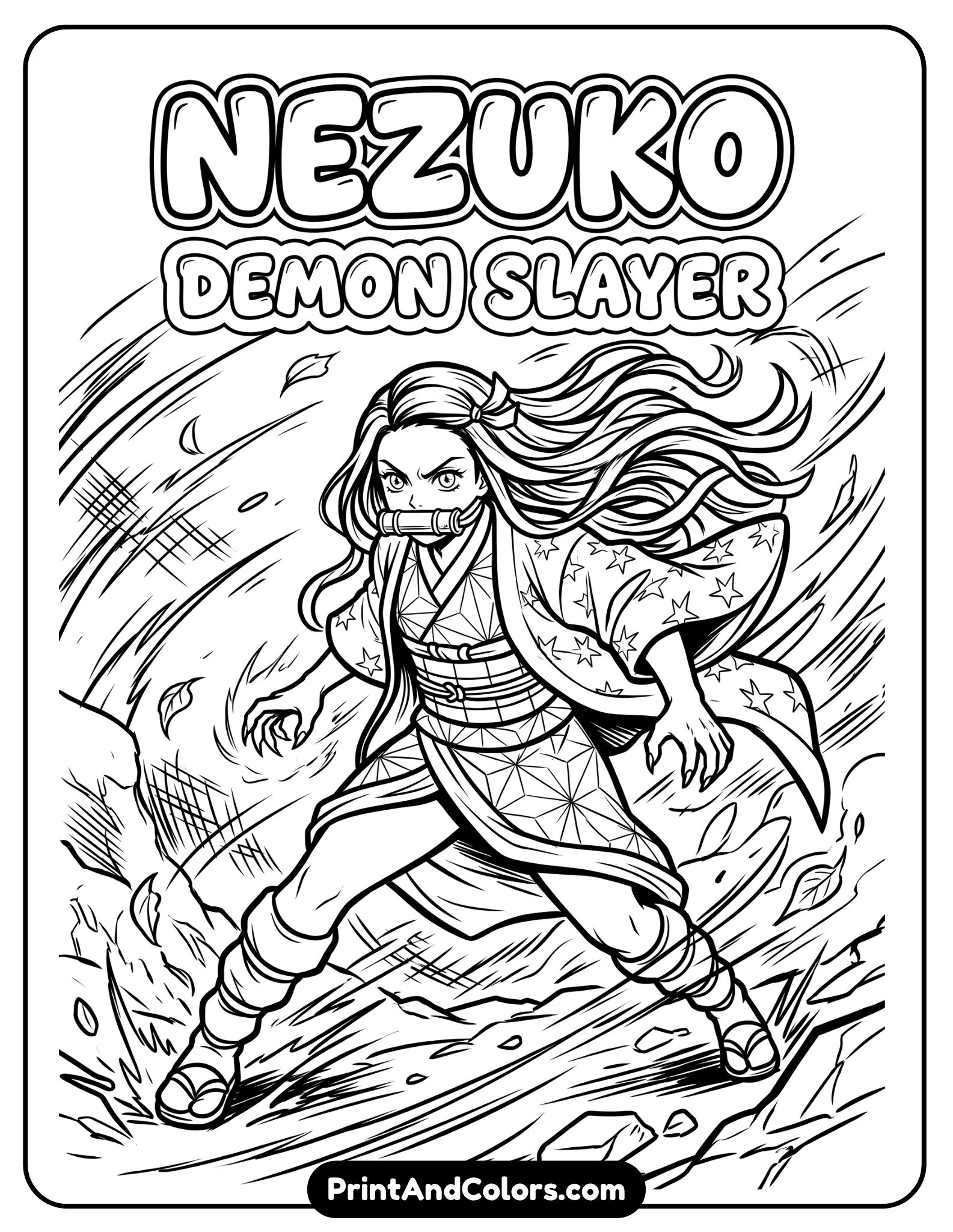 Nezuko in Demon Slayer theme with action-ready stance, wind-swept hair, subtle background lines indicating movement, bold outlines
