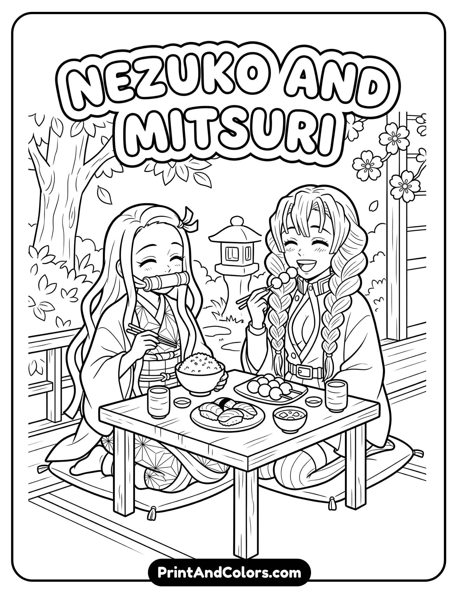 Nezuko and Mitsuri sitting together eating, relaxed and cheerful scene, simple food items, clean outlines, friendly composition
