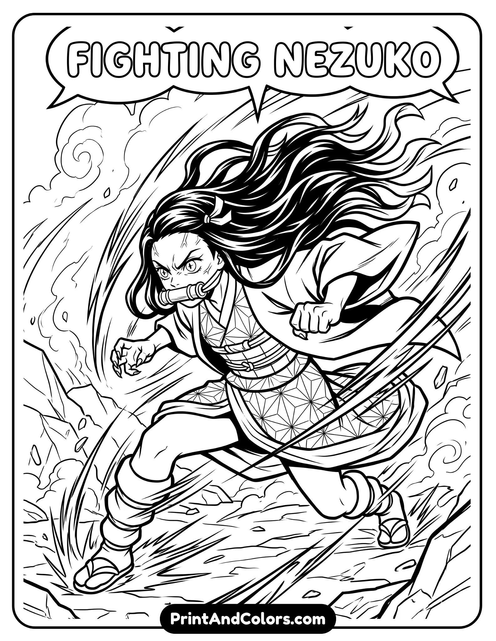 Dynamic line art of Nezuko in a fighting stance, crouched position with intense expression, hair flowing dramatically, sharp motion lines, no shading, bold outlines