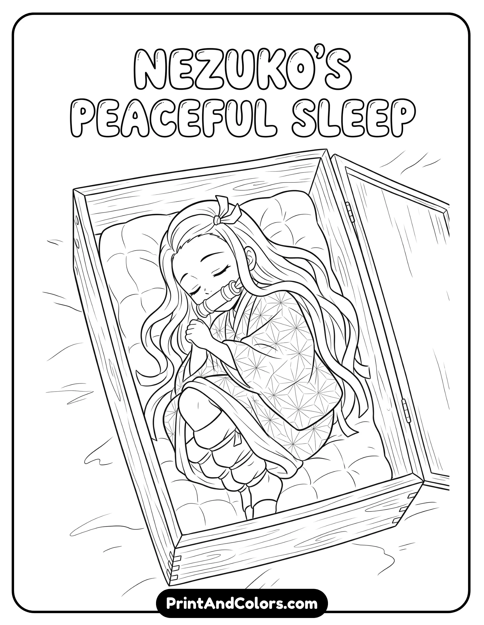 Nezuko peacefully sleeping curled up, calm expression, soft blanket or box setting, gentle lines, minimal background for relaxing coloring