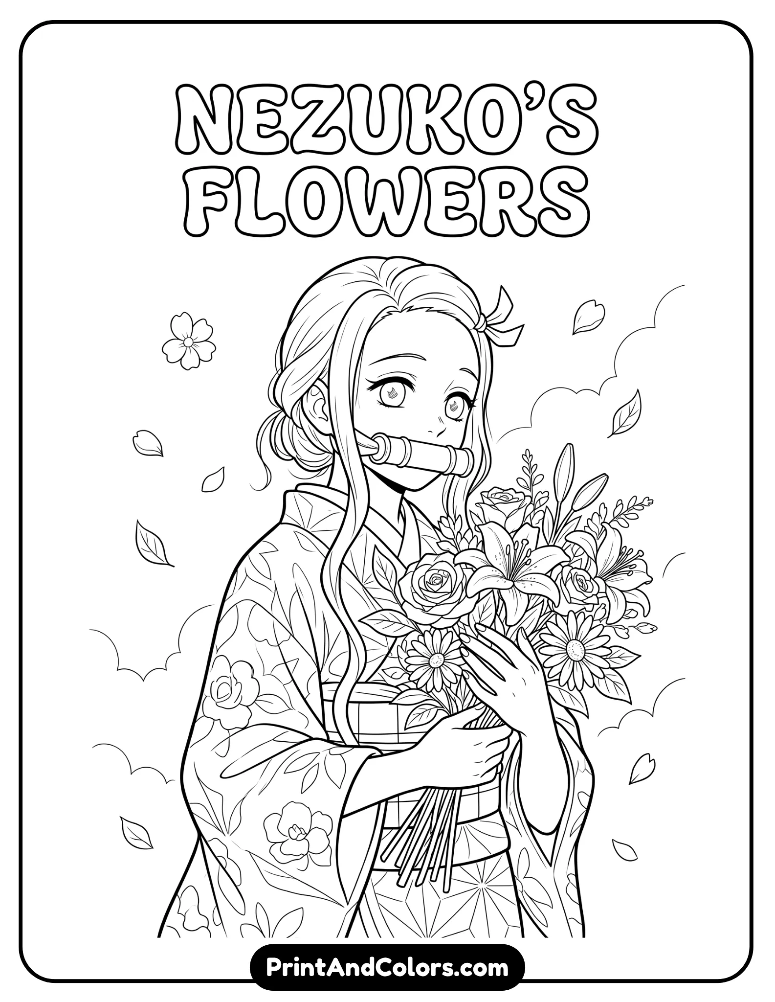 Nezuko holding a bouquet of flowers, gentle smile, soft pose, floral details, clean black outlines, minimal background
