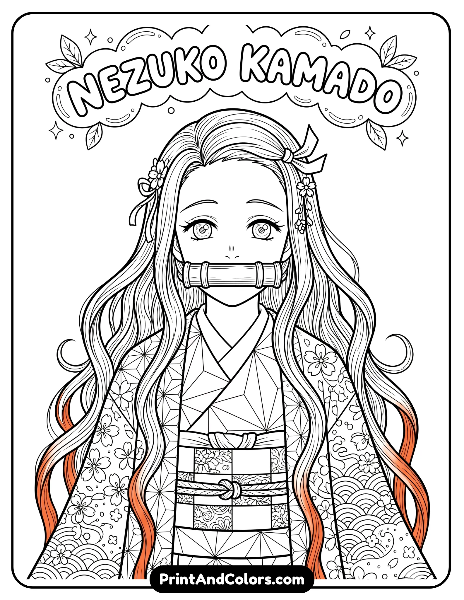 Detailed line art of Nezuko Kamado from Demon Slayer, front-facing portrait with traditional kimono patterns, long flowing hair and bamboo muzzle, intricate but clean outlines, no grayscale shading, coloring book style