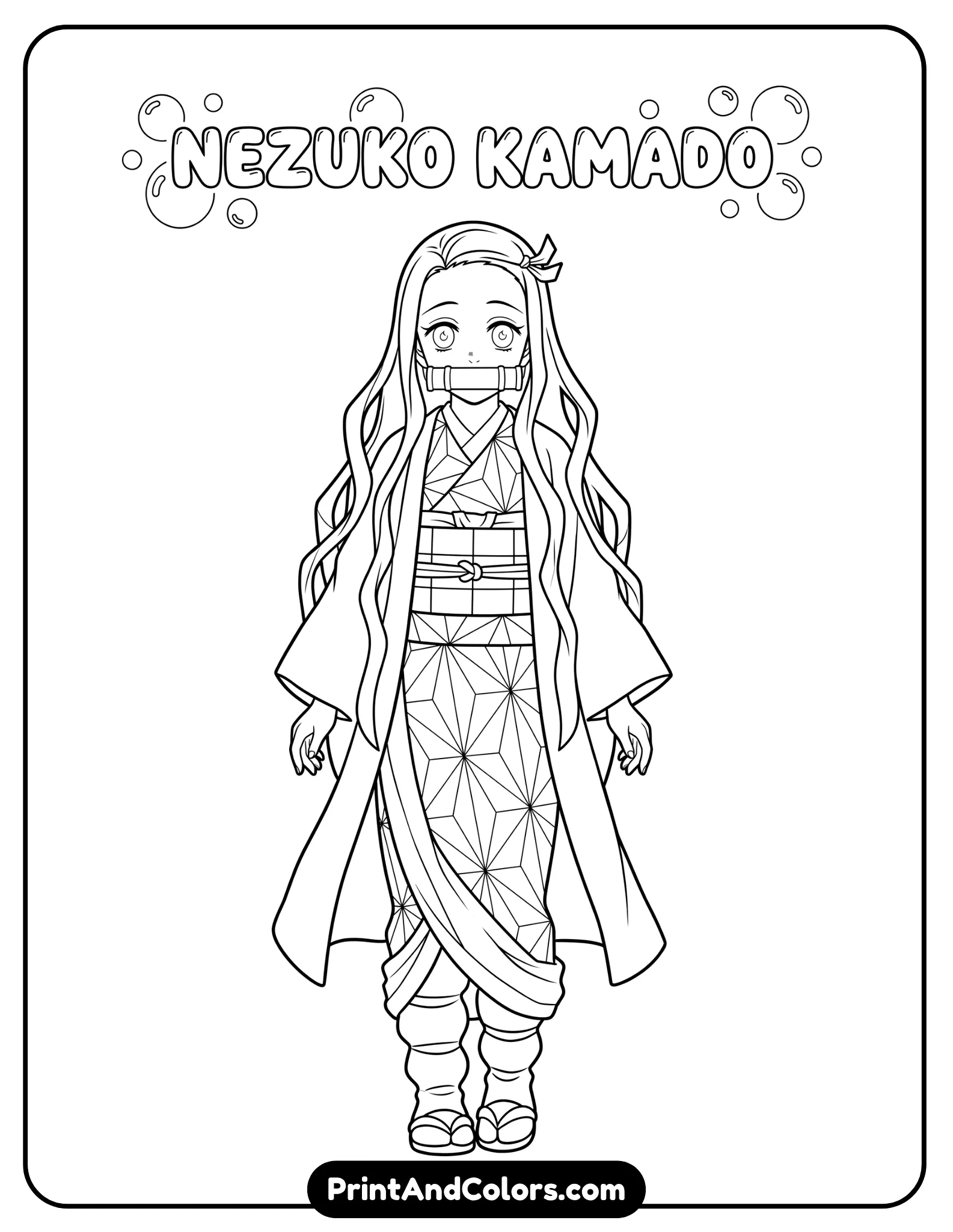 Clean line art sheet of Nezuko Kamado in relaxed standing pose, medium detail, balanced composition, no background distractions
