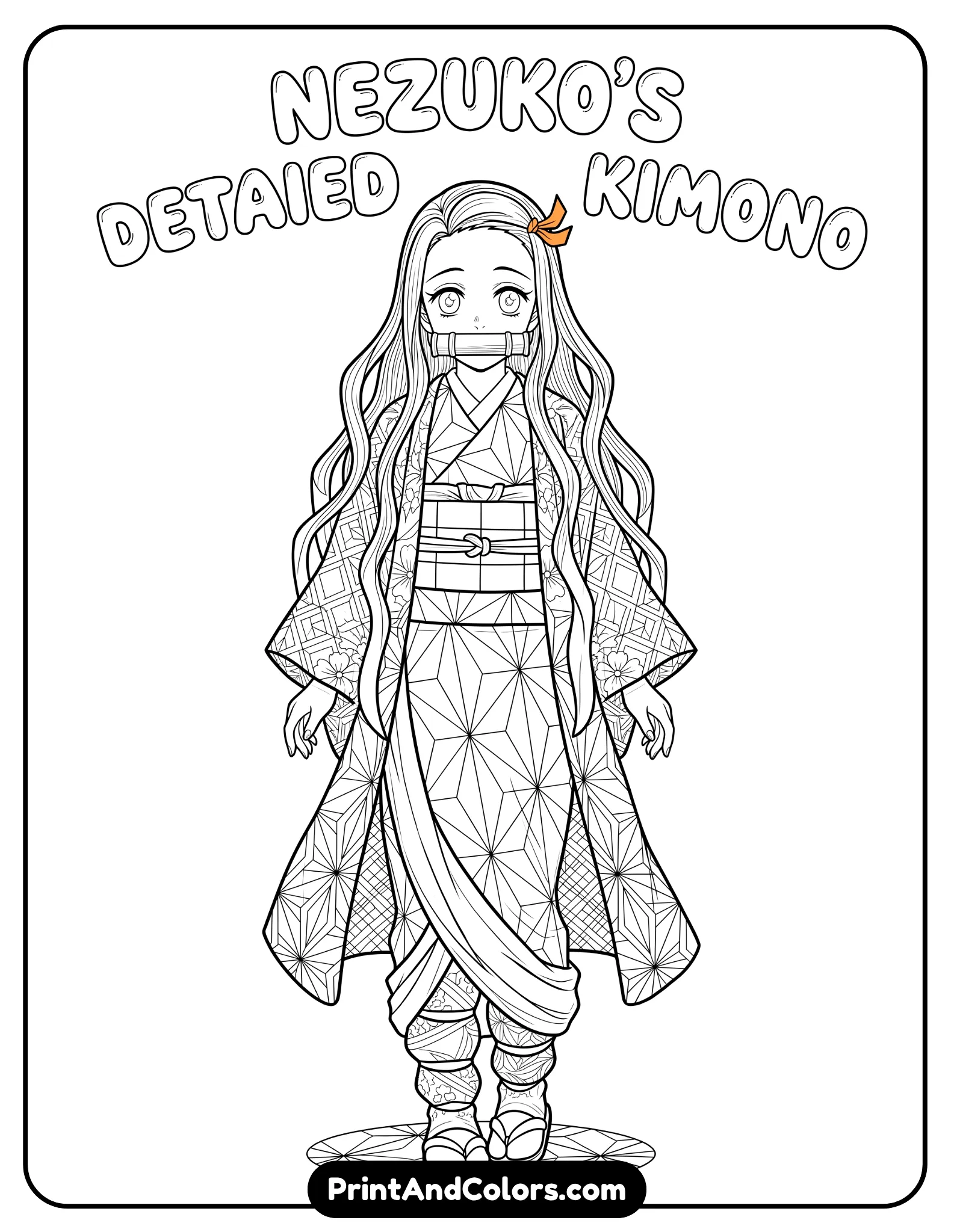 Detailed kimono-focused drawing of Nezuko, intricate geometric patterns on clothing, standing pose, clean outlines, designed for detailed coloring