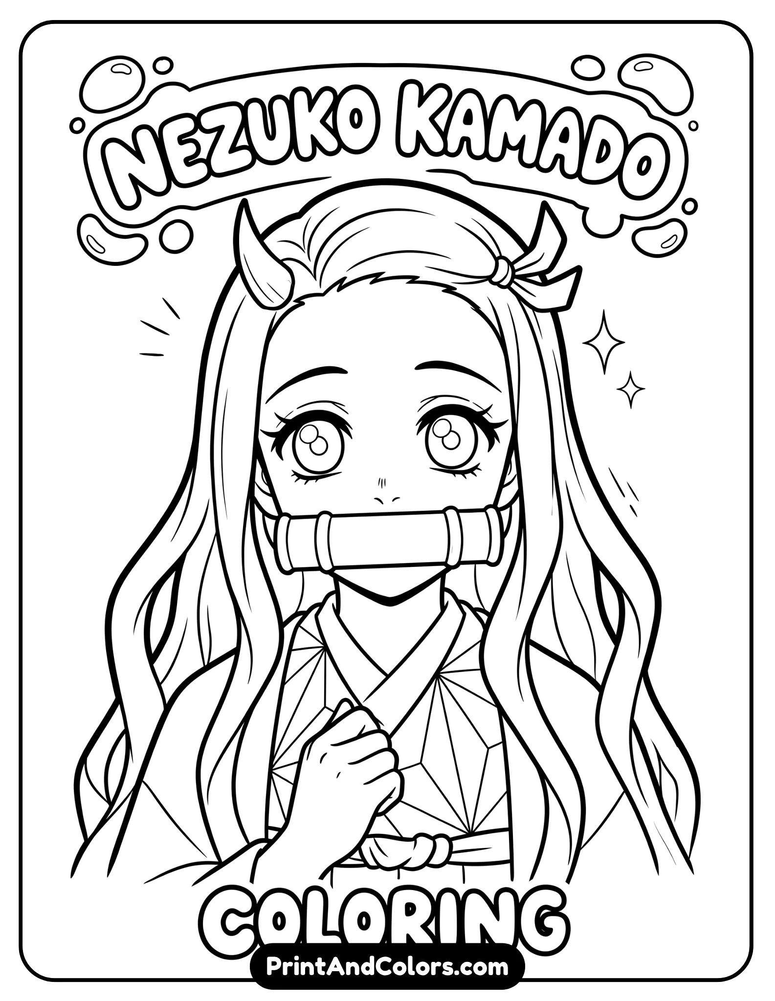Nezuko with large expressive eyes (left unfilled for coloring), gentle expression, close-up portrait, clean lines, minimal background