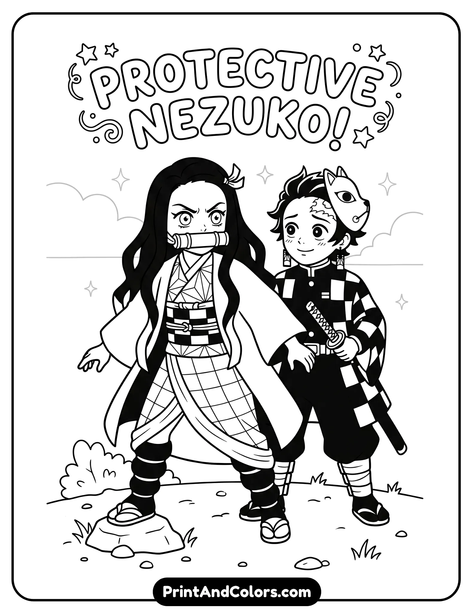 Nezuko standing protectively in front of Tanjiro, heroic pose, simple design with bold outlines, minimal background, kid-friendly composition