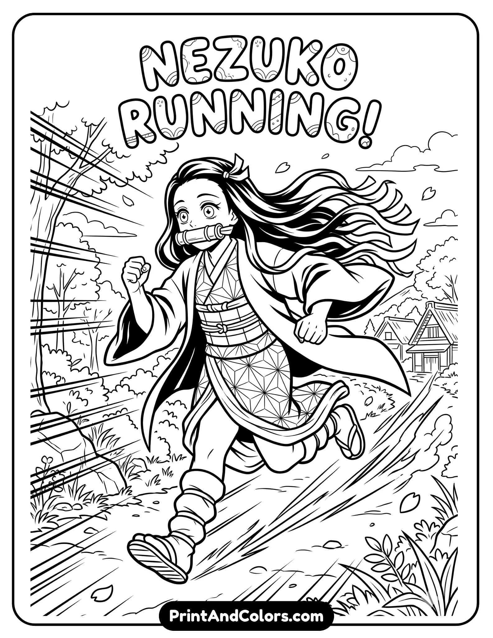 Nezuko running forward with bamboo muzzle, hair flowing behind, motion lines, energetic composition, clean line art