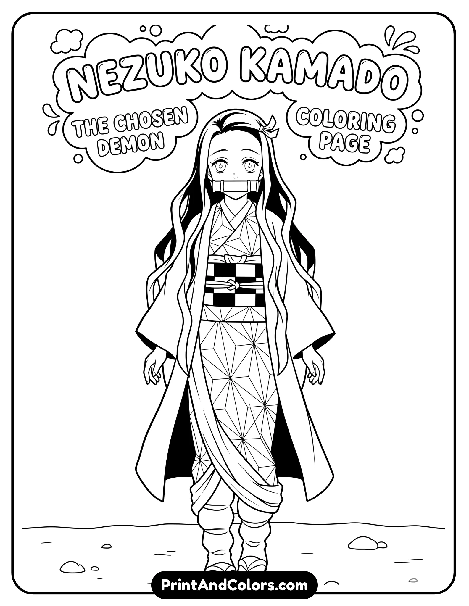 Full body Nezuko standing upright with calm posture, detailed kimono folds, long straight hair flowing down, minimal ground line background, clean crisp outlines