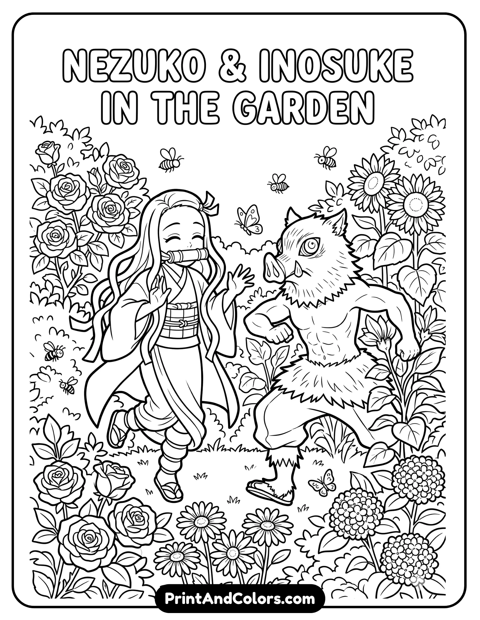 Nezuko and Inosuke in a garden setting, flowers and plants around, playful interaction, clean outlines, moderate detail