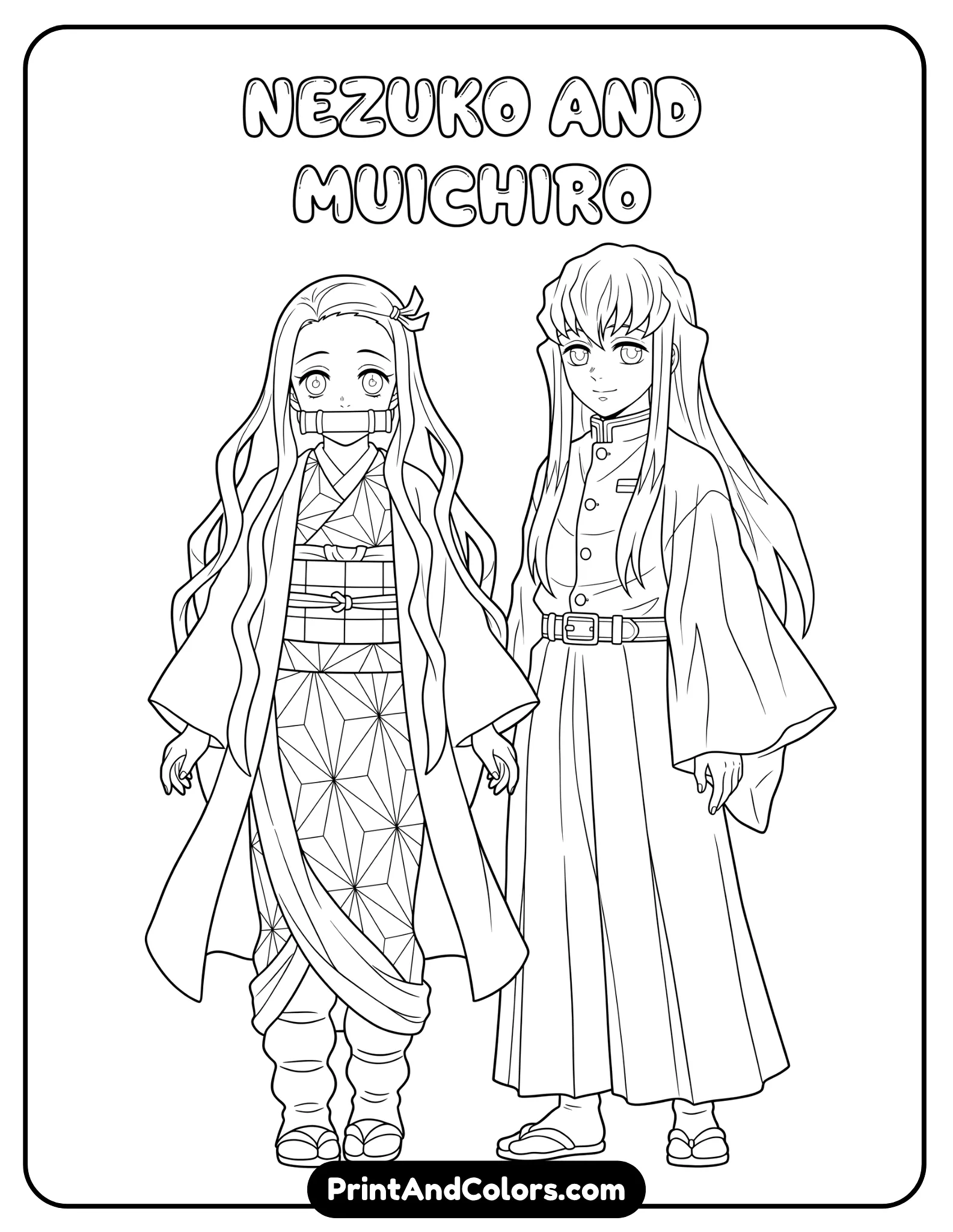 Nezuko and Muichiro standing together, calm expressions, flowing clothing, minimal background, clean outlines