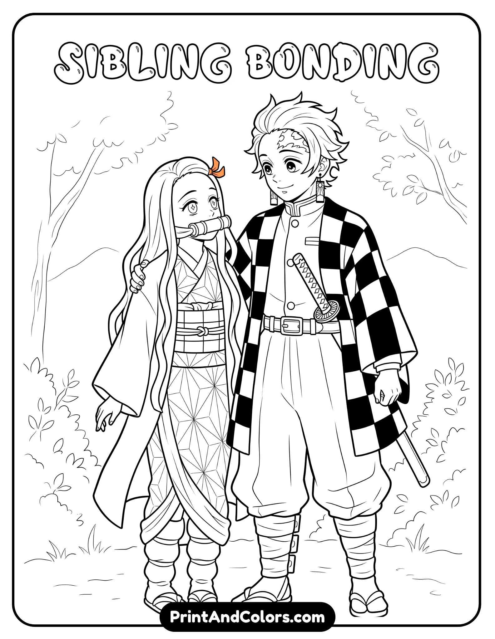 Line art of Nezuko and Tanjiro standing together, sibling bonding moment, gentle expressions, traditional clothing details, simple background