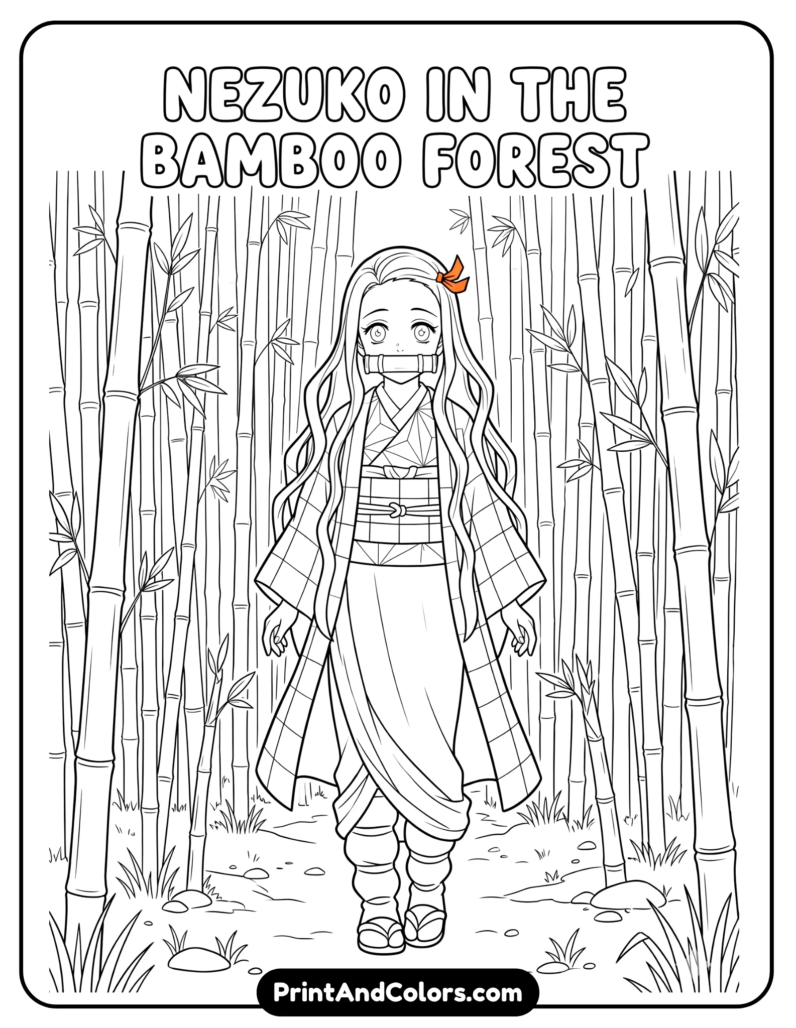 Nezuko standing in a bamboo forest, vertical bamboo stalks in background, clean line art, balanced composition, no shading