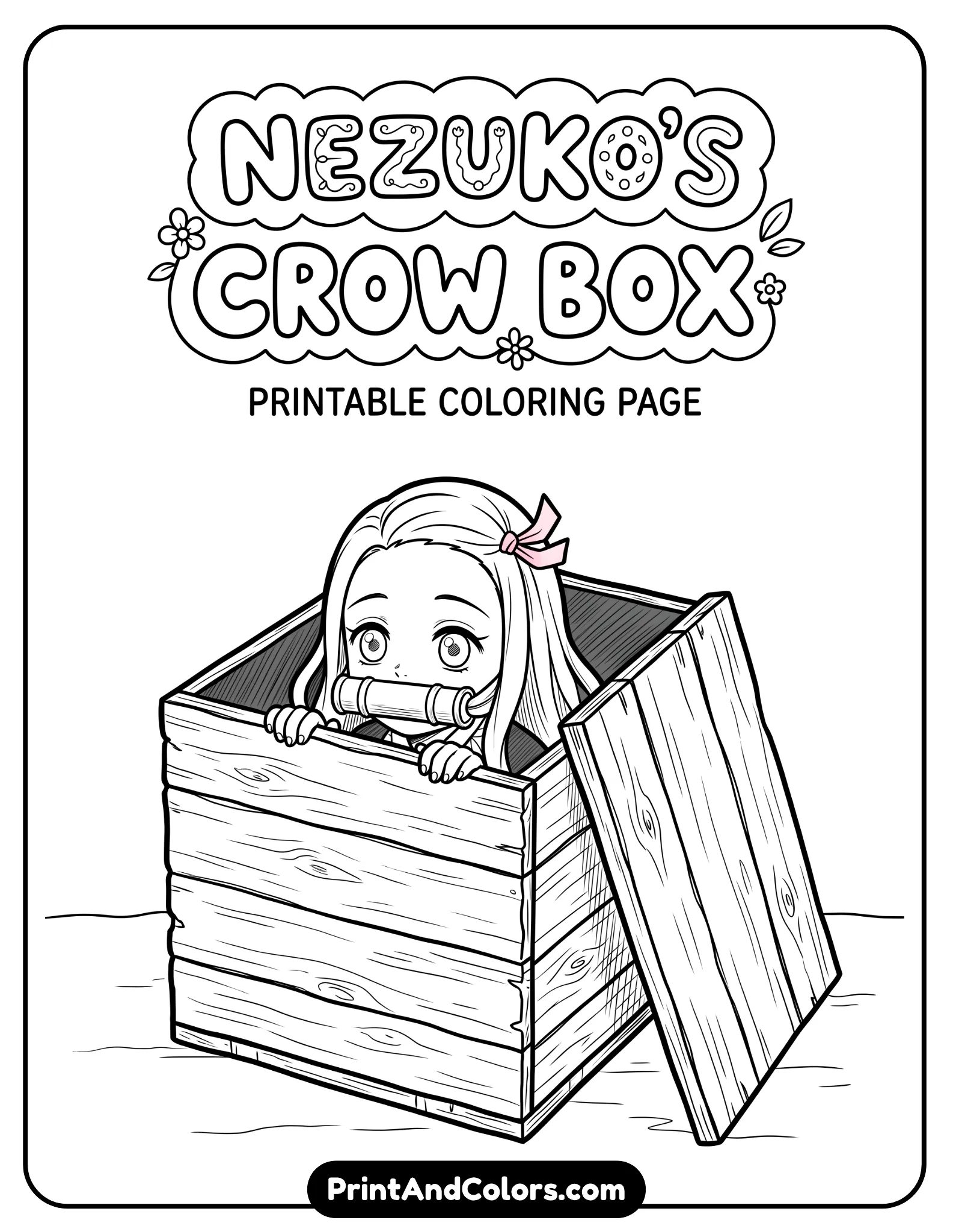 Nezuko sitting inside a wooden box, slightly open lid, peeking out with curious expression, simple wooden texture lines, minimal background