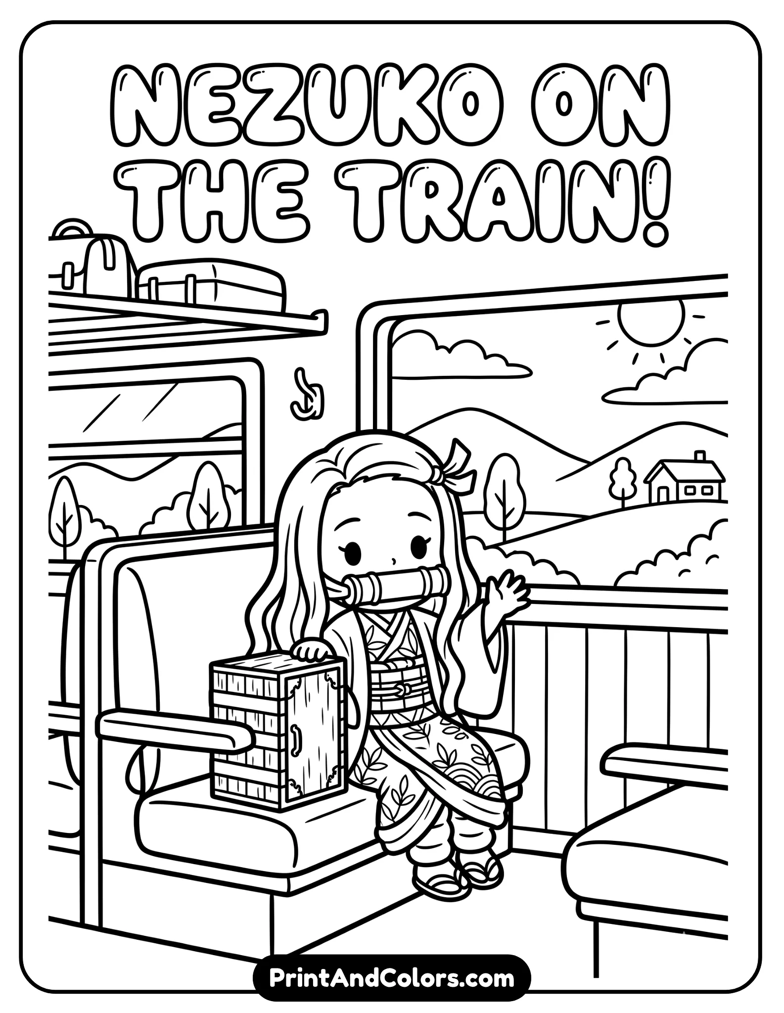 Simplified line art of Nezuko inside a train setting, large shapes, minimal detail, child-friendly design, clear outlines, easy to color elements