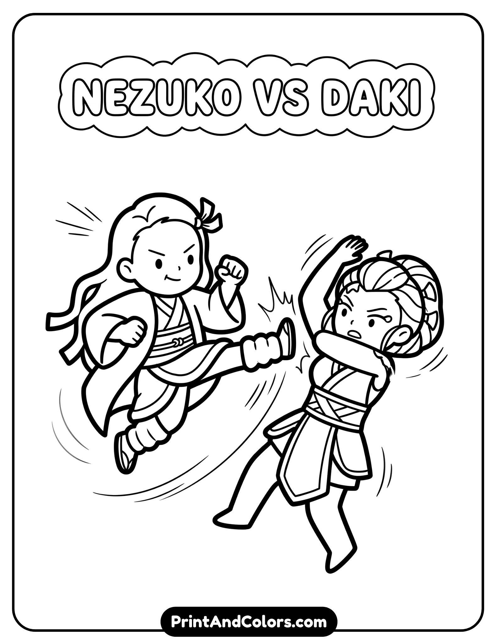 Simplified action scene of Nezuko vs Daki, basic shapes, reduced detail, light motion lines, bold outlines for easy coloring