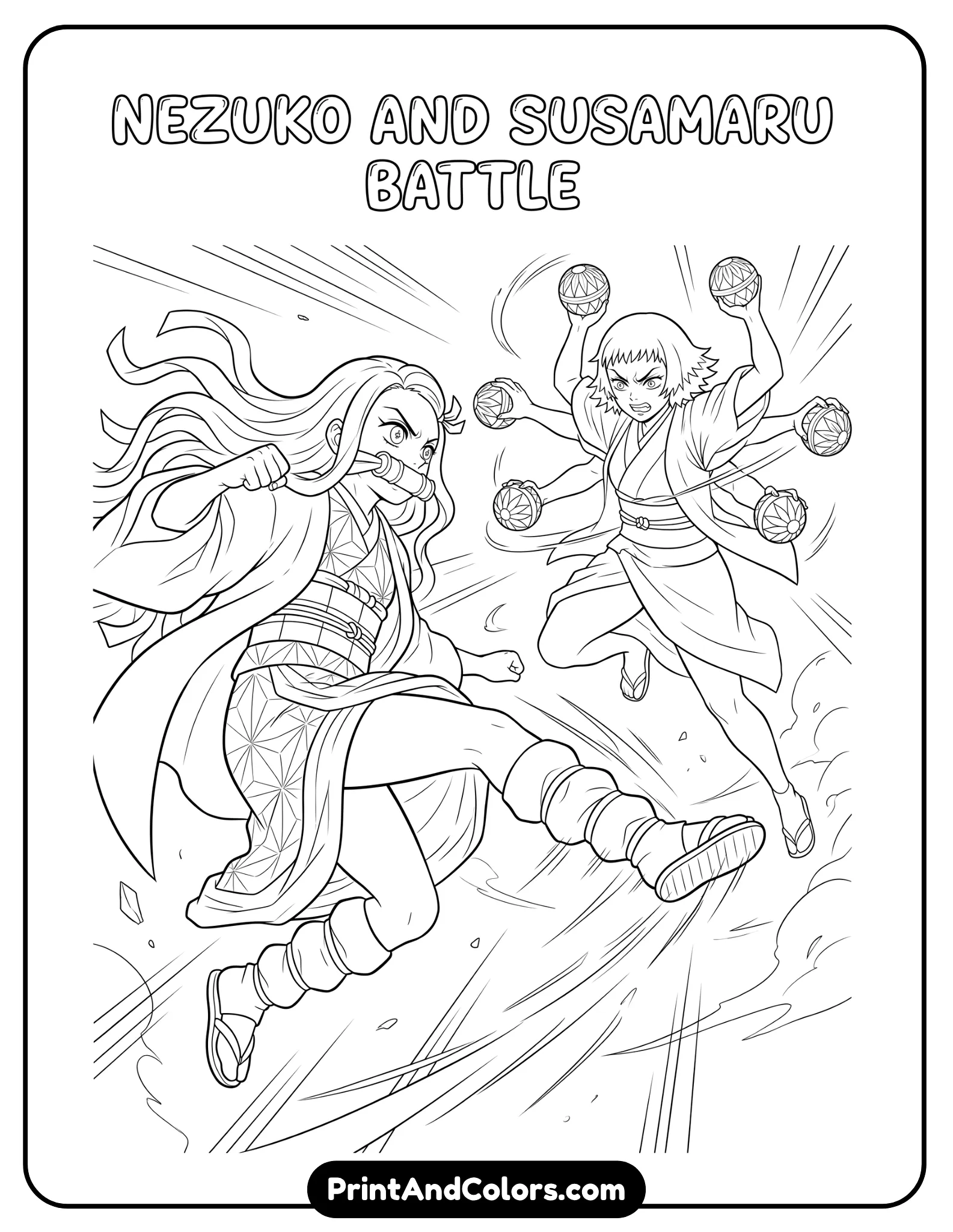 Nezuko and Susamaru in action pose, mid-battle scene with motion lines, expressive poses, clean anime-style line art, no shading