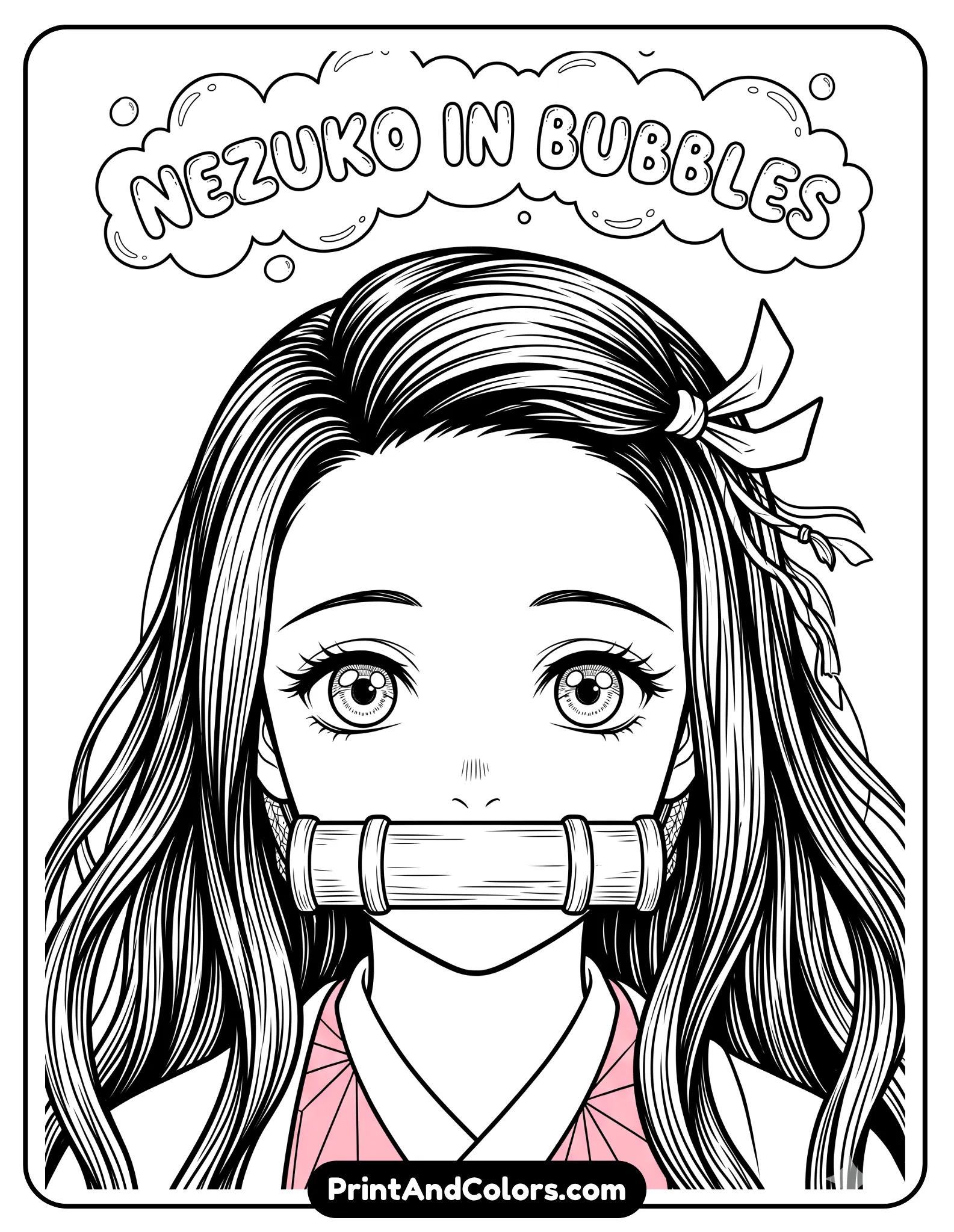 Close-up portrait of Nezuko with bamboo muzzle, detailed eyes and hair strands, clean outline, minimal background, focus on facial expression