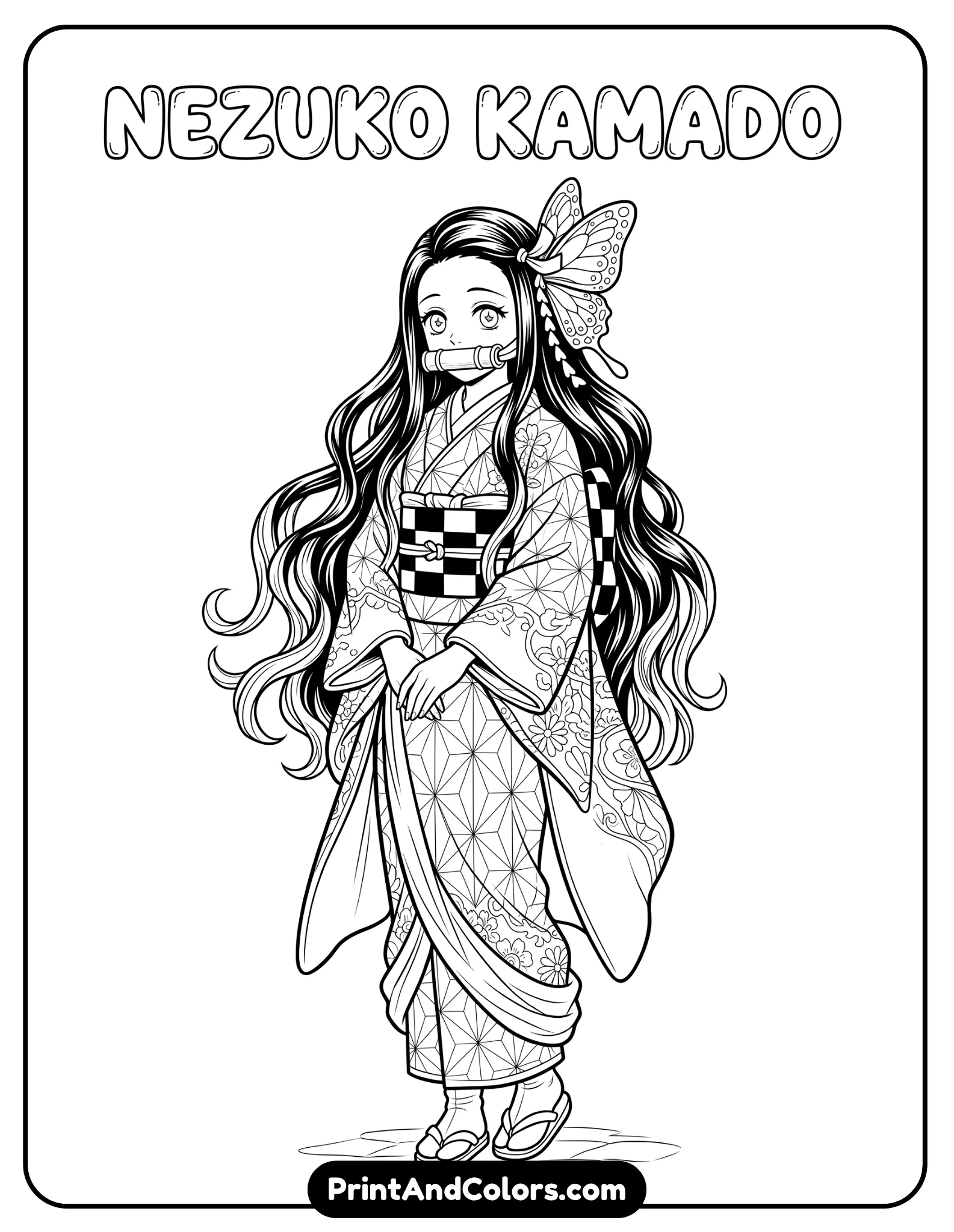 Nezuko wearing a butterfly bow accessory, elegant pose, detailed hair and clothing, minimal background, clean line art