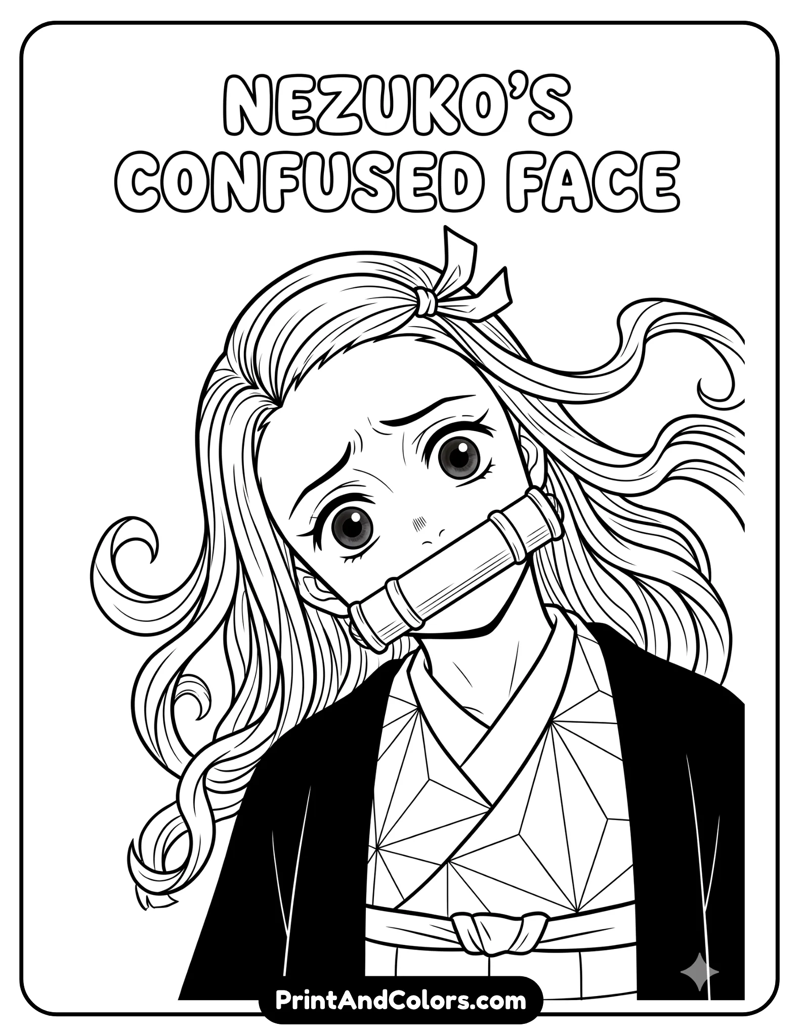 Close-up of Nezuko with confused expression, tilted head, simple background, clear facial features, clean line art